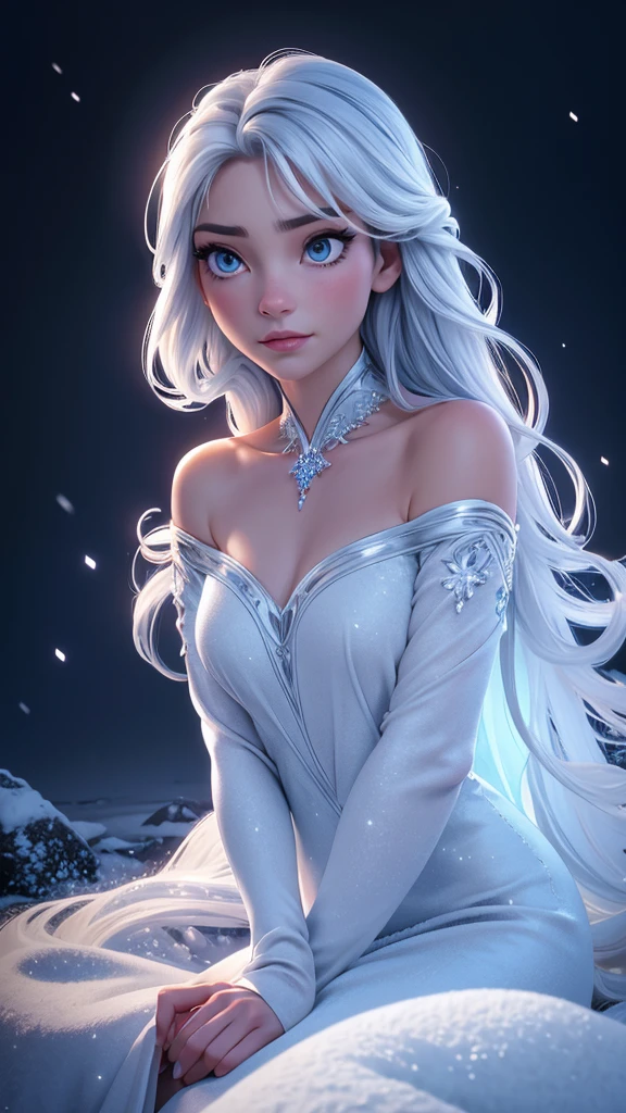young Elsa, best quality, masterpiece, (elsa:0.8), upper body, blue eyes, long frozen t-shirt, shirt top  breasted  crystal style,  crystal chest, modern snow queen fashion , blue frozen modern t-shirt ,  Young modern fashion, model Elsa, white background, model studio white background.