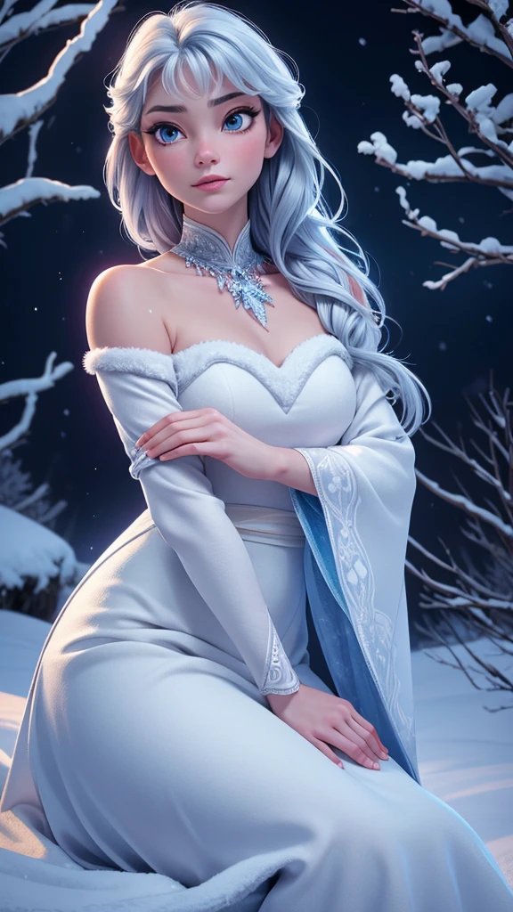 In the center of the snowflake is a blue stone, The girl has bright blue eyes