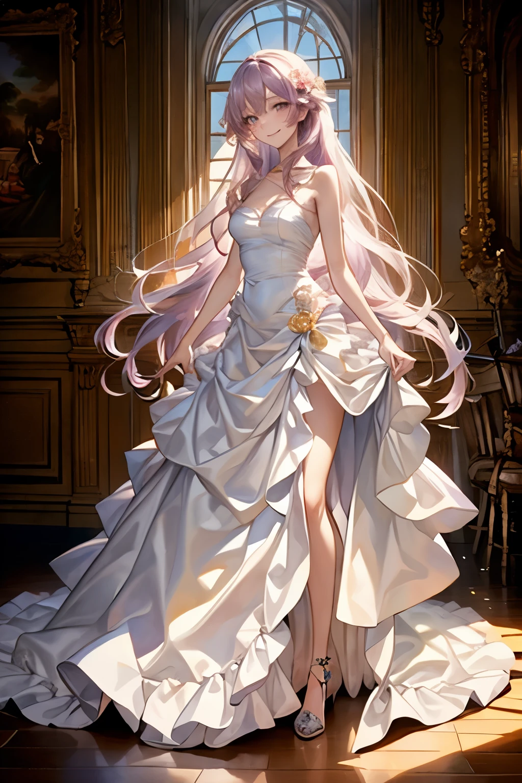 (     Very long hair that can bow  ), (  master over c  ), (   More Details  ), (   Detailed Eye Description   :1.2), Masterpiece,    best quality   ,    1 girl,   HaruKanaNami   ,     Inspired by the best image quality   ,    Light Purple Hair  ,    Wrench Elegadome   , smile, 