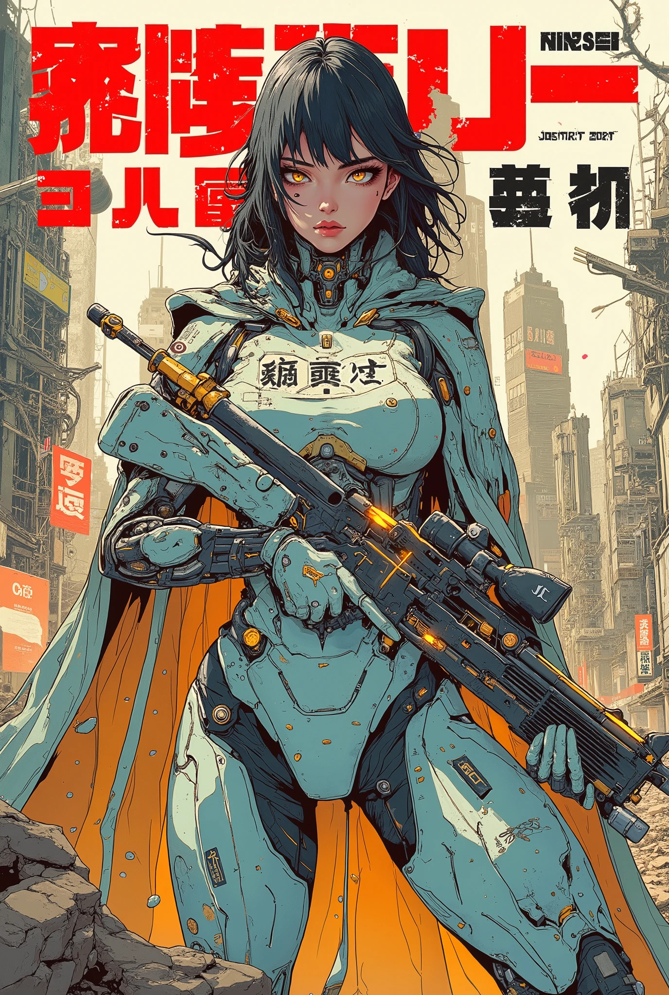 ((manga (((magazine cover))) illustration) of (perfect Asian cyborg girl wearing a detailed cybernetic plug suit and holding a rifle)), (Machine Body), ((LED lights)), ((wearing tattered cloak)), warm colours, ((Japanese text)), RUINED CITYSCAPE BACKGROUND.
