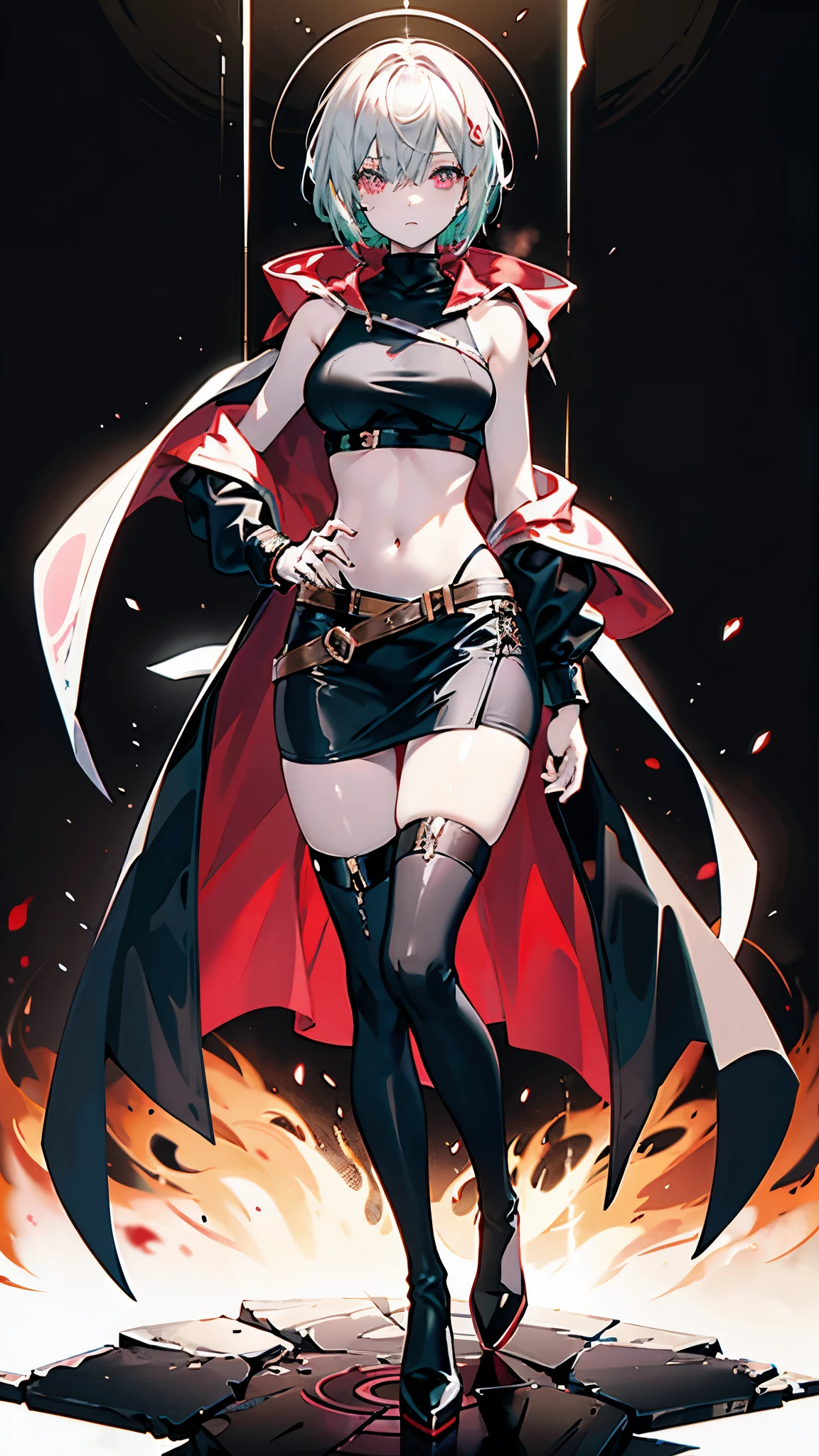 ((1woman)) Whole body, standing, gray skin, drow, elf, 1 girl, maduro, purple eyes, by white, black bikini, ABS, Large knockers, tattered rags, chain collar, stomach tattoo (red tattoo)