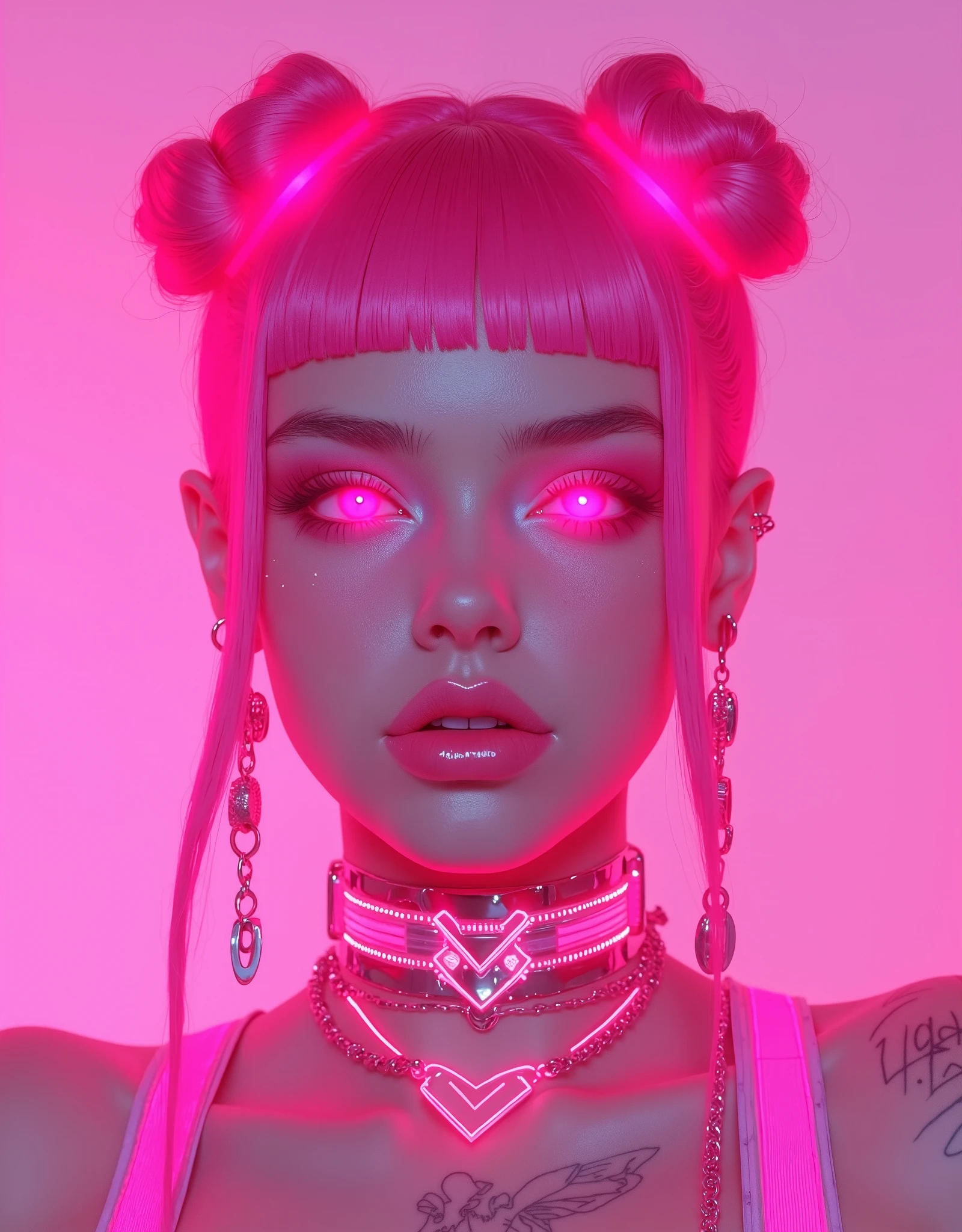 The character is a futuristic, cyberpunk-inspired female with a striking and vibrant aesthetic. She has neon pink hair styled in dual buns with bangs, emitting a glowing effect that matches her overall radiant look. Her glowing pink eyes exude intensity, paired with glossy, voluminous lips that reflect a soft shimmer.
Her skin is smooth with subtle freckles and intricate cybernetic line designs tracing her cheeks. She wears a high-tech glowing choker with pink LED lights and metallic chains, adding a sleek, modern touch to her look. Large hoop earrings further accentuate her style, blending elegance with a futuristic edge. The overall lighting casts a pink glow, enhancing the ethereal and high-tech feel of her appearance.