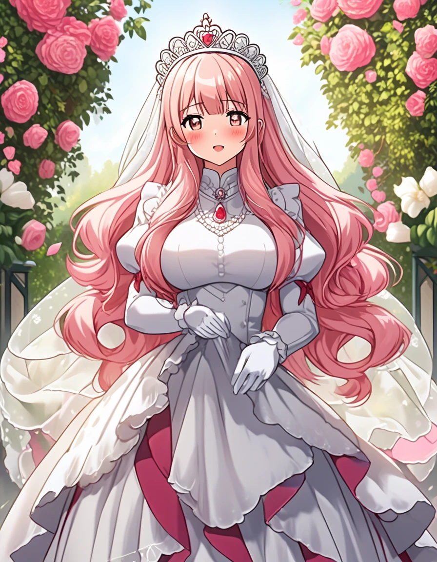 Wedding dress，veil，flowers meadows，Exquisite，masterpiece，masterpiece，Pink Hair，White lace garter stockings，front，Microphone in hand