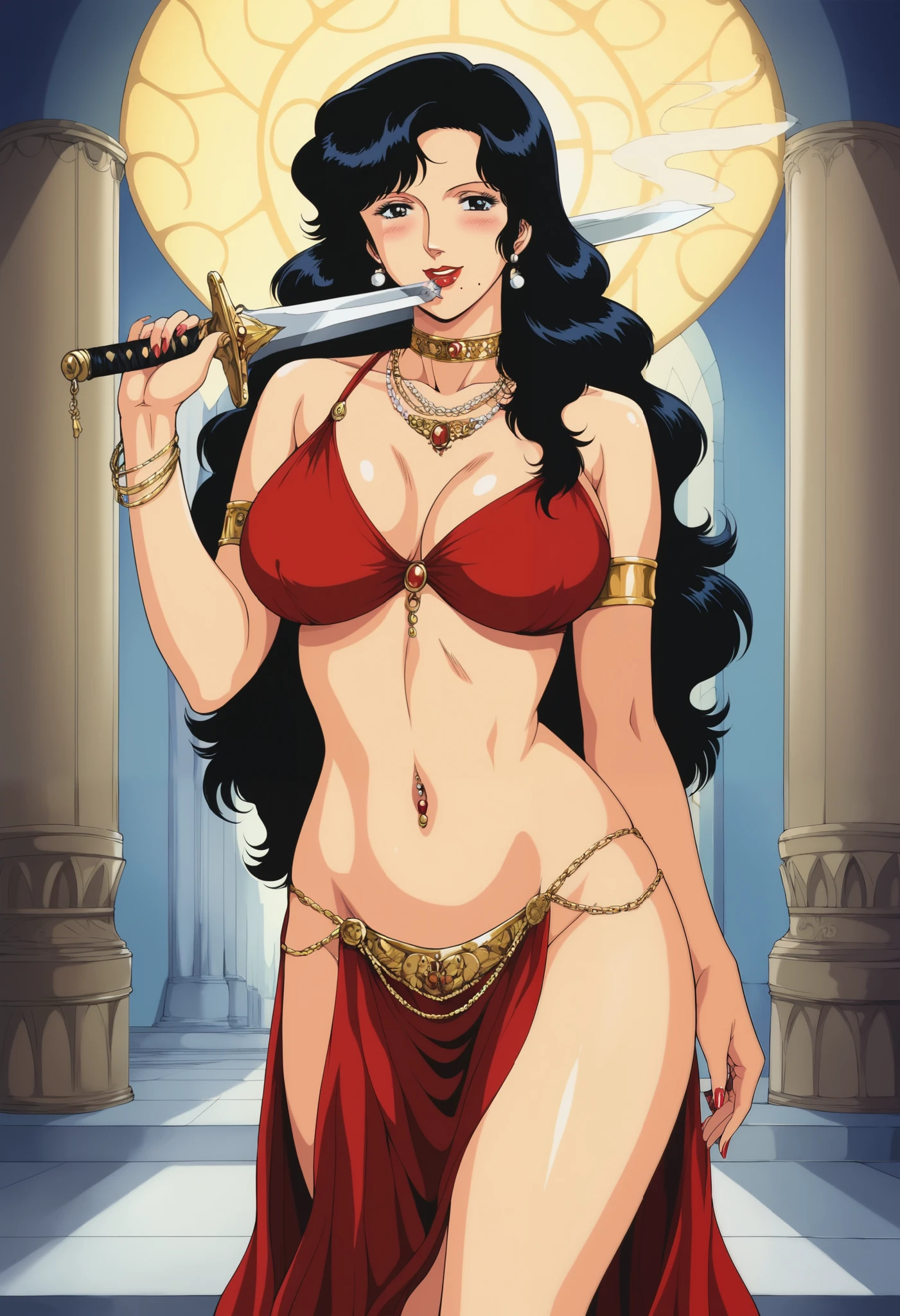 (1980s anime screenshot:1.4), disney art style, rough scetch, mature face, Mai Shiranui wearing her signature cloth and doing a split, huge breasts, skindentation, showing cleavage, drunk expression