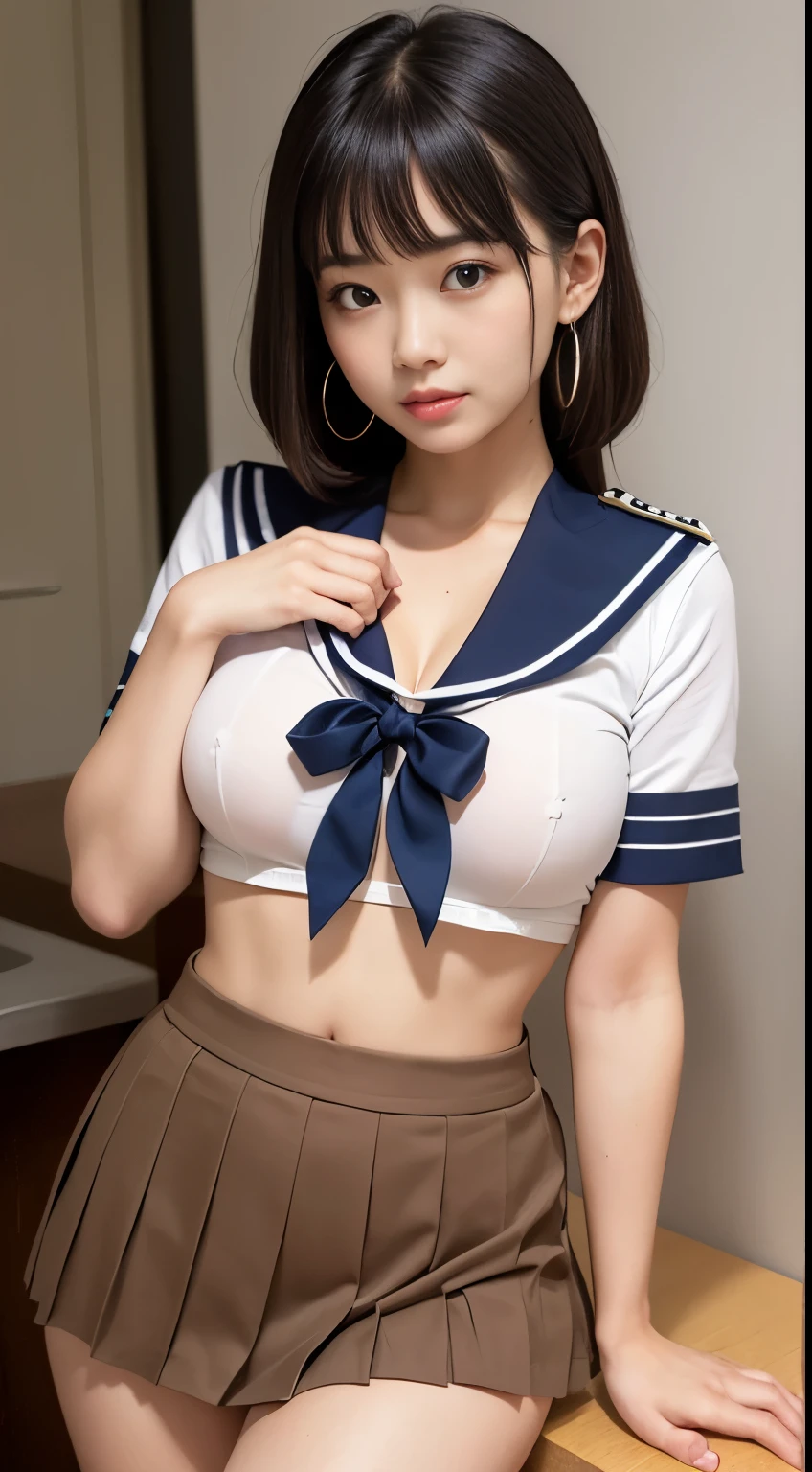 ((Best Quality, 8K, Masterpiece: 1.3)), 1girl, Slim Beauty: 1.3, (Hairstyle Casual, Big Breasts: 1.2), Colorful Sailor Suit: 1.1, JK Miniskirt, Super Fine Face, Fine Eyes, Double Eyelids, Smile, Focus, Hot Spring, Navel, Cleavage, Slim Figure