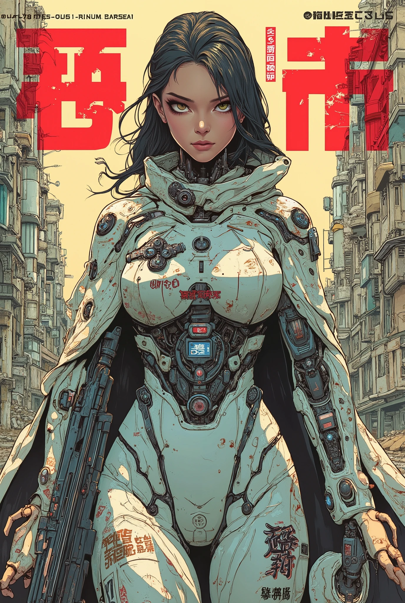 ((manga (((magazine cover))) illustration) of (perfect Asian cyborg girl wearing a detailed cybernetic plug suit and holding a rifle)), (Machine Body), ((LED lights)), ((wearing tattered cloak)), warm colours, ((Japanese text)), RUINED CITYSCAPE BACKGROUND.