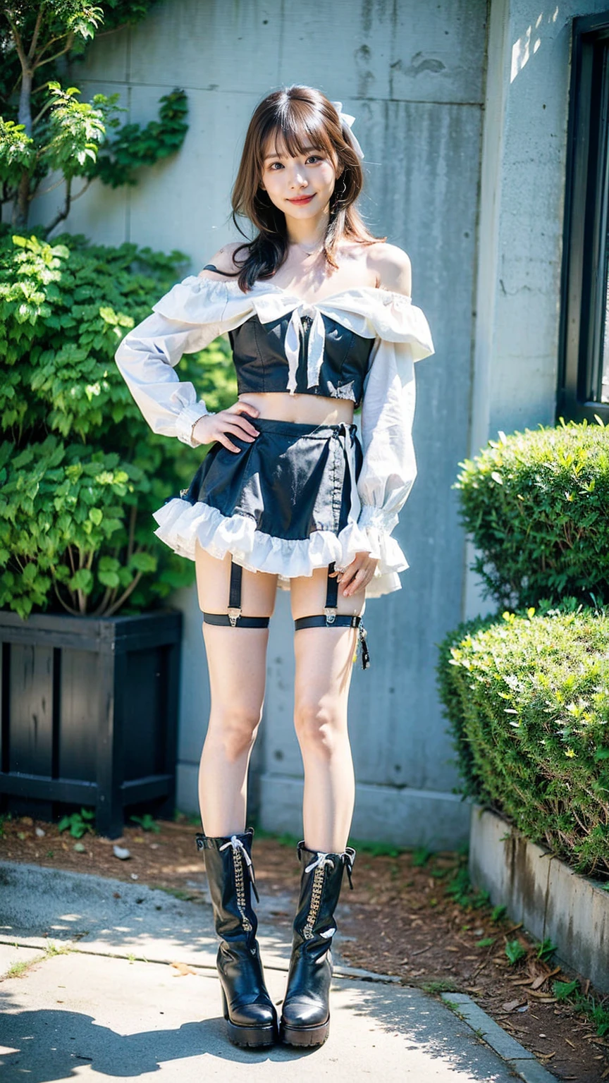 (8k、RAW Photos、Highest quality、masterpiece:1.2)、(Realistic、Realistic)、1 person、((Black and white、Cleavage、smile、See-through、garden、ribbon、Frills、mini skirt、Thin legs、whole body、boots、View from the front、Looking into the camera、Stand with hands on hips))、cute