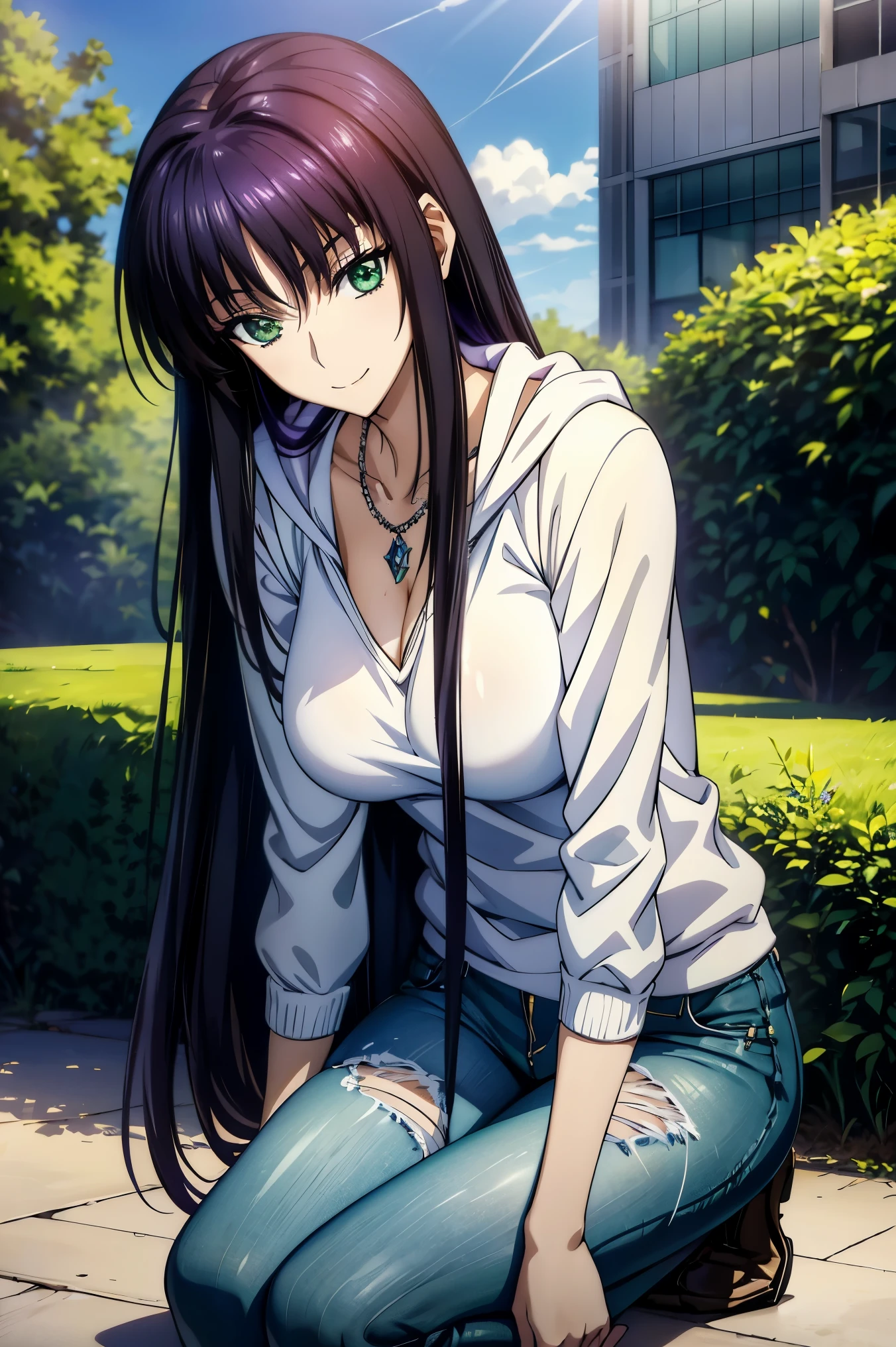 Makima (  chainsaw man  ),Scathach ( destiny /  Grand Order Required ),  Tifa Lockhart , oconnor , Very Delicate and Beautiful CG Illustrations ,最 High Quality ,  Real Feel  ,Realistic Fabric,  realistic texture  ,  Beautiful Thighs, big ,  constricted ,((( Masterpiece ))), (((最  High Quality  ))),8k,32K,​ Masterpiece ,  Beautiful Attractive Anime Woman  ,  Ultra Fine,  Ultra Details ,  high definition surrounded by chicks ,  Surreal High School Student  , Masseter area , 最  High Quality  ,  High Quality  ,  high definition,  High Quality  のテクスチャ,  High Quality  の影, 高 Details,  Details,  One Girl,Alone,I,  tall  ,AS-Adult, adult  ,Leg length,  beautiful long legs  ,8 heads,:171cm, mature girl ,  purple hair,  purple hair,  purple hair, Silky Smooth Hair  ,  colorful hair,  straight hair,smile,Laugh happily,  enchanting expression above her eyes , Bewitching looks ,かわいいsmile,かわいいsmile,Cool Beauty,  Beautiful Woman,  beautiful faces , Beautiful realism, beautiful hair,  necklace , neck accessories ,smile,  colorful eyes ,  green eyes ,Jade  green eyes, 人の  beautiful eyes の上にいる viewers,bright eyes,  beautiful eyes , Jewel Eyes ,Jade Eyes, droopy eyes ,( green eyes:1.5),  charming face ,  viewers ,  mystical atmosphere ,フード付き白  hoodie ,JINS, jeans,blue pants  , daytime, TAKE OUT ,Building Street,  handbag  , Like in the movies,Outdoors, Photos with beautiful lighting ,Interesting  Details,  anime style,  hoodie ,  Casual Clothes  ,((ブラック ローライズ スキニー ロング  jeans)),  hoodie ,((  Sweatshirt  )),stroll,Building Street,sunlight,  blue sky,