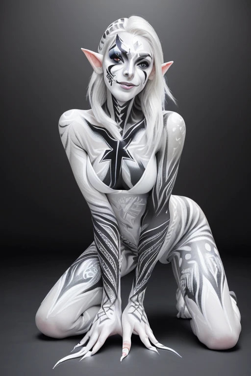 Hybrid cat-human woman, white hair, cat eyes, big breasts, slim waist, very detailed full body, very realistic, nude.