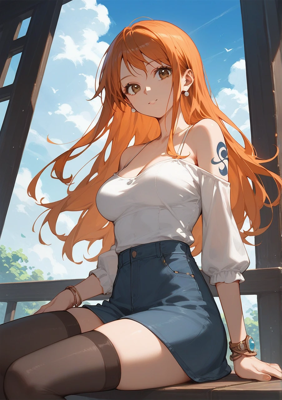 1girl, orange hair, white gloves, long hair, rabbit ears, choker, white stockings, tank top, short shorts, outdoors, sitting in a tree, laughing, big breasts, looking at viewer