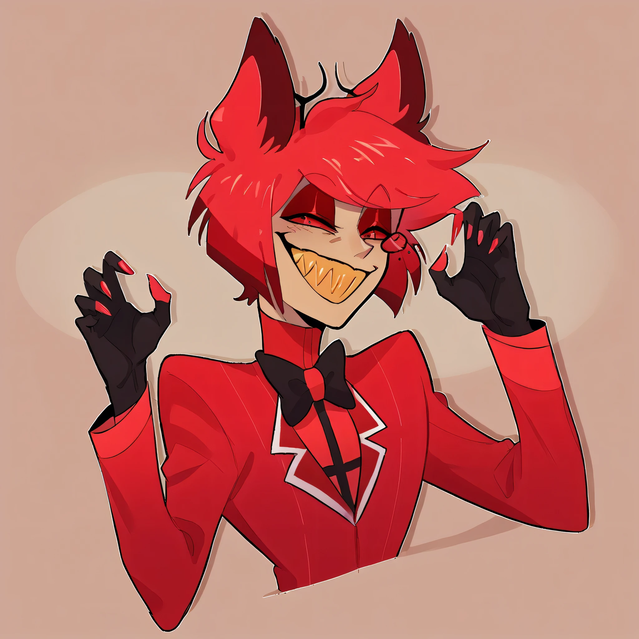better quality, very detailed illustration, playful look, delgado, male body, simple drawing, Artifyber style , pastel flat colors , beautiful, cartoon ,solo, 1boy, Alastor,red suit, red hair multicolored hair, animal ears, radio demon, sharp toothed grin, shrug pose