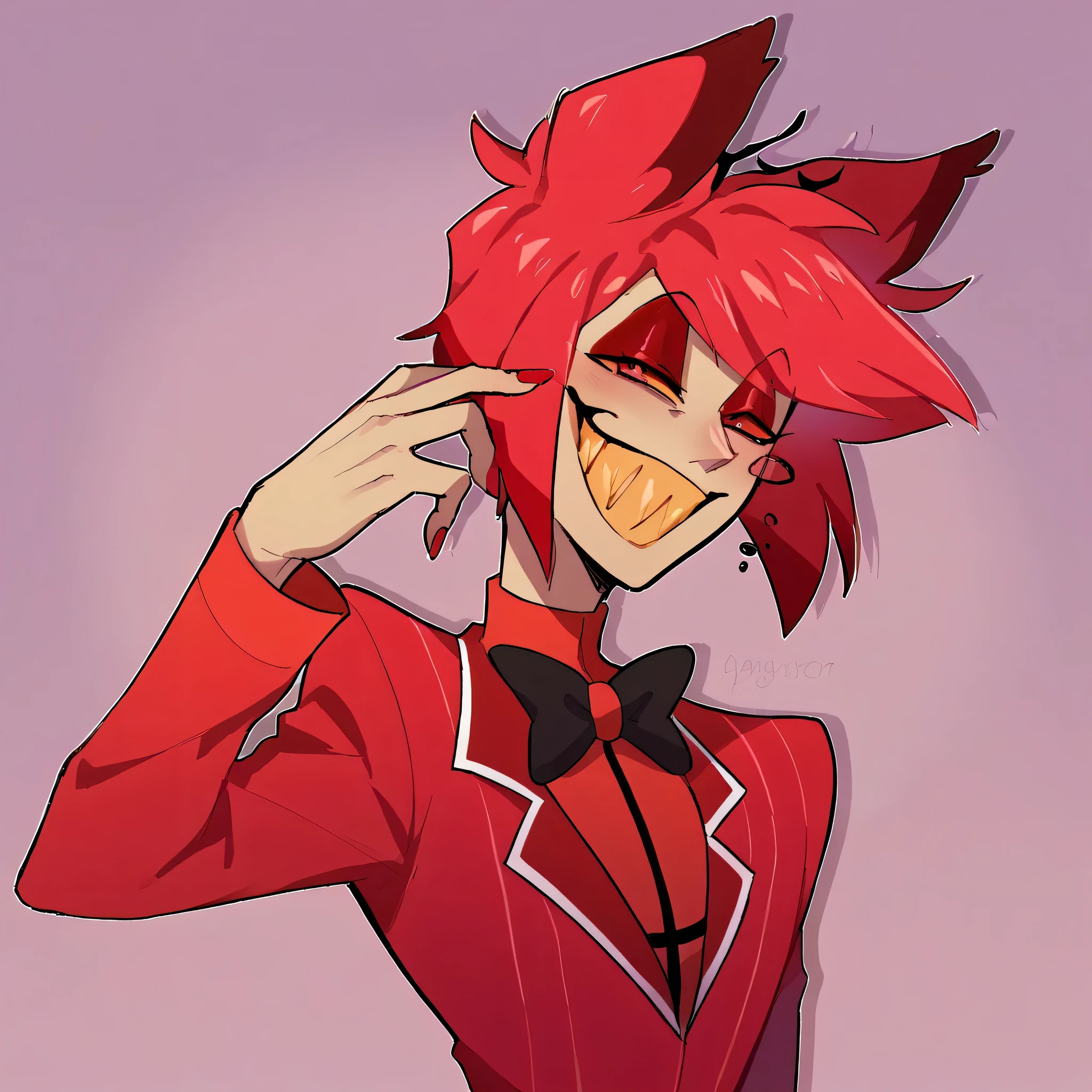 better quality, very detailed illustration, playful look, delgado, male body, simple drawing, Artifyber style , pastel flat colors , beautiful, cartoon ,solo, 1boy, Alastor,red suit, red hair multicolored hair, animal ears, radio demon, sharp toothed grin, shrug pose