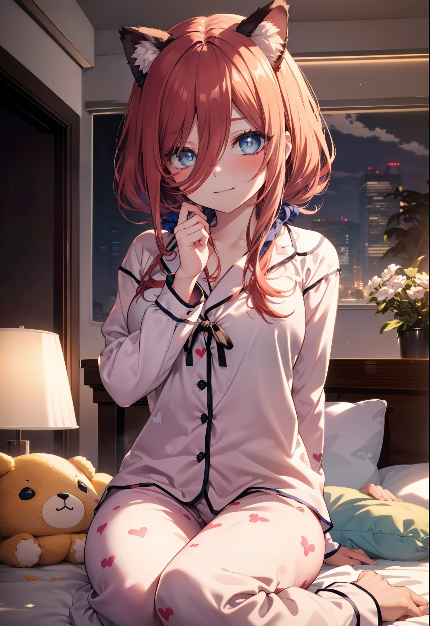 Miku Nakano, Nakano Future, long hair, bangs, blue eyes, tea hair, hair between eyes , smile,blush, mouths,(Animal Food, cat ears), fake animal year on irrum,Girl in cat costume, ((cat costume style pajamas)), bedroom, plush, Brown pajamas, bed sheet , Blanket ,pillow, sitting on a bed , interior , beautiful scenery,morning,whole bodyがイラストに入るように,
break indoors, bedroom,
break looking at viewer, whole body,
break (masterpiece:1.2), best quality, high resolution, unity 8k wallpaper, (figure:0.8), ( Beautiful, detailed eyes :1.6), Highly detailed faces , PERFECT LIGHTING , Highly detailed CG, (perfect hand, perfect anatomy),