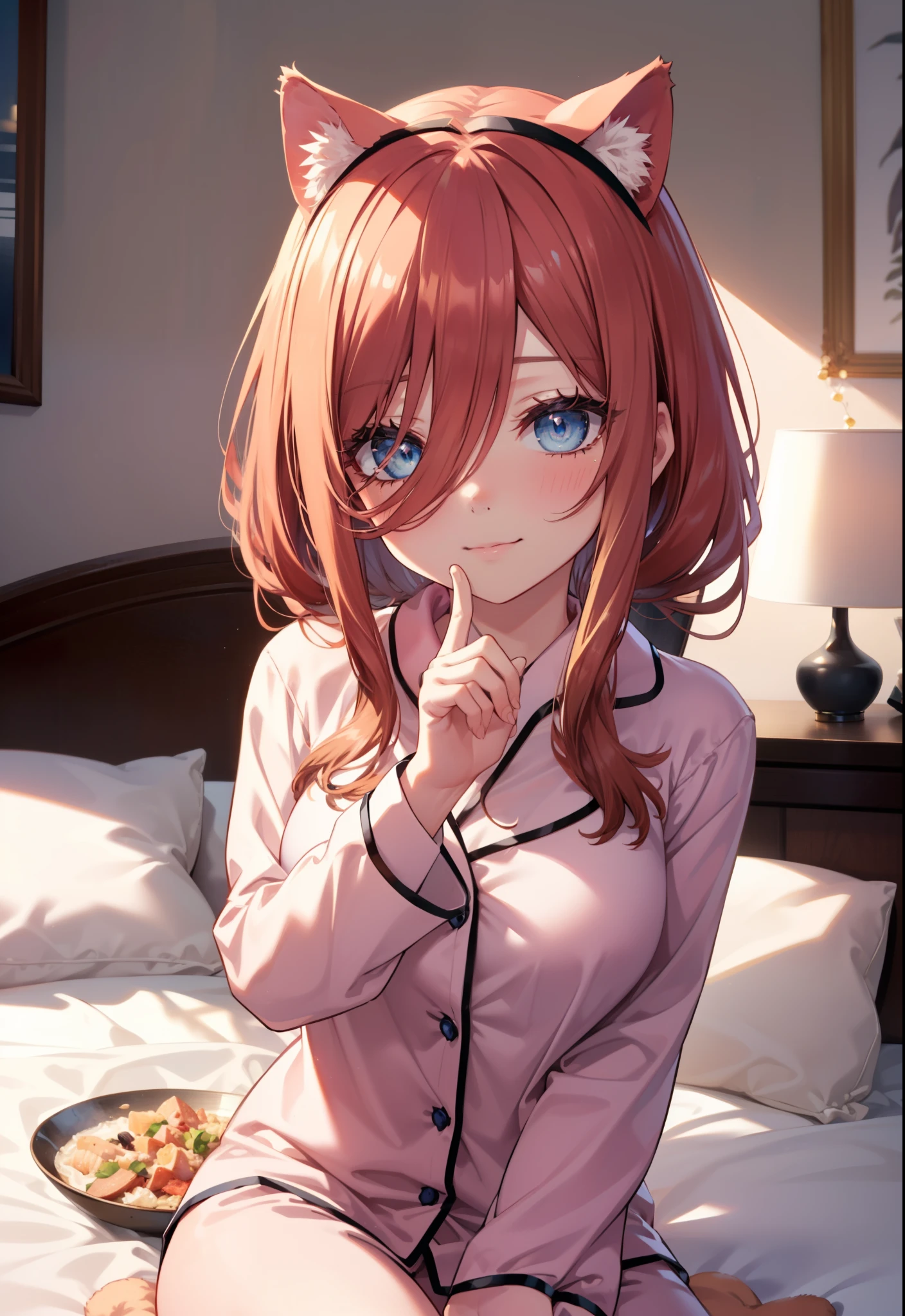 Miku Nakano, Nakano Future, long hair, bangs, blue eyes, tea hair, hair between eyes , smile,blush, mouths,(Animal Food, cat ears), fake animal year on irrum,Girl in cat costume, ((cat costume style pajamas)), bedroom, plush, Brown pajamas, bed sheet , Blanket ,pillow, sitting on a bed , interior , beautiful scenery,morning,whole bodyがイラストに入るように,
break indoors, bedroom,
break looking at viewer, whole body,
break (masterpiece:1.2), best quality, high resolution, unity 8k wallpaper, (figure:0.8), ( Beautiful, detailed eyes :1.6), Highly detailed faces , PERFECT LIGHTING , Highly detailed CG, (perfect hand, perfect anatomy),