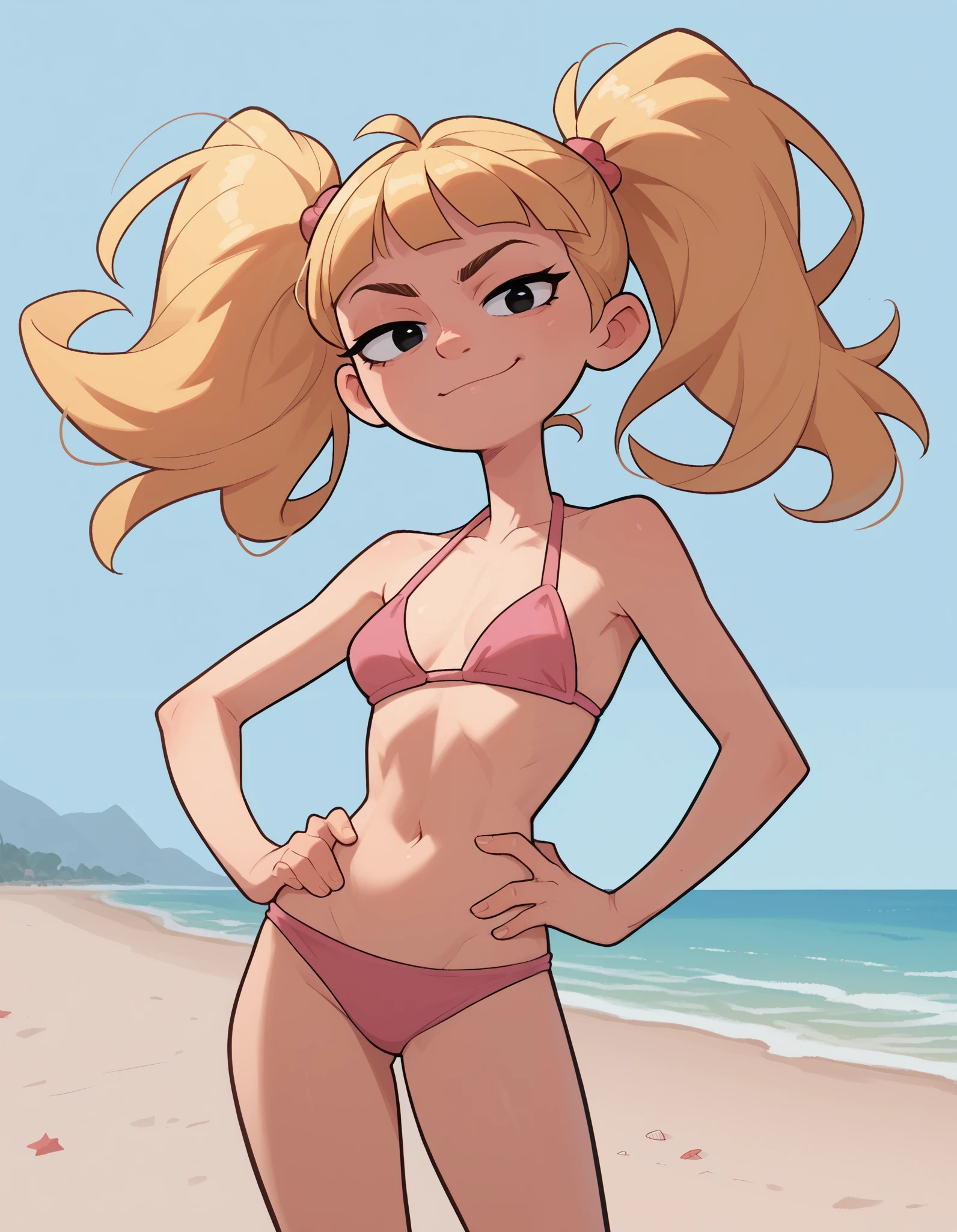 helga, solo, 1girl, blonde hair, floating hair, black eyes, twintails, monobrow, pink bikini, looking at viewer, seductive face, simple background,hand on own hip, outdoors,beach