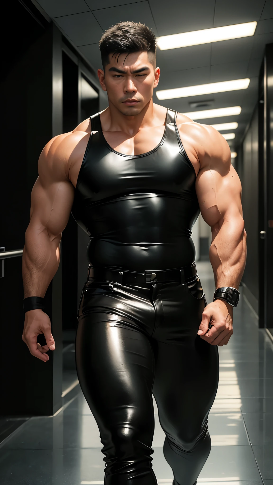 8k realistic image of handsome guy, Strongman, 25 years, Brown short hair, Brown eyes, Wearing a simple black leather tank top and tight black leather pants, He has a black bandage on his arm, annoyed expression, Walking in the wide corridors of the palace, anime style art,big biceps,muscular body