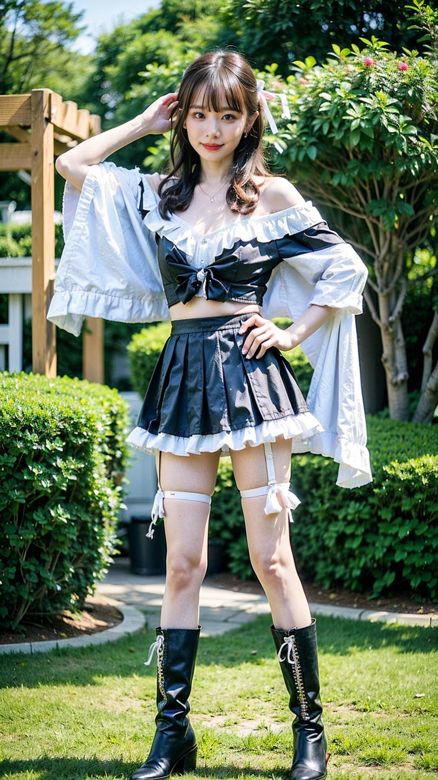 (8k、RAW Photos、Highest quality、masterpiece:1.2)、(Realistic、Realistic)、1 person、((Black and white、garden、mini skirt、Thin legs、whole body、boots、View from the front、Looking into the camera、Stand with hands on hips))、cute