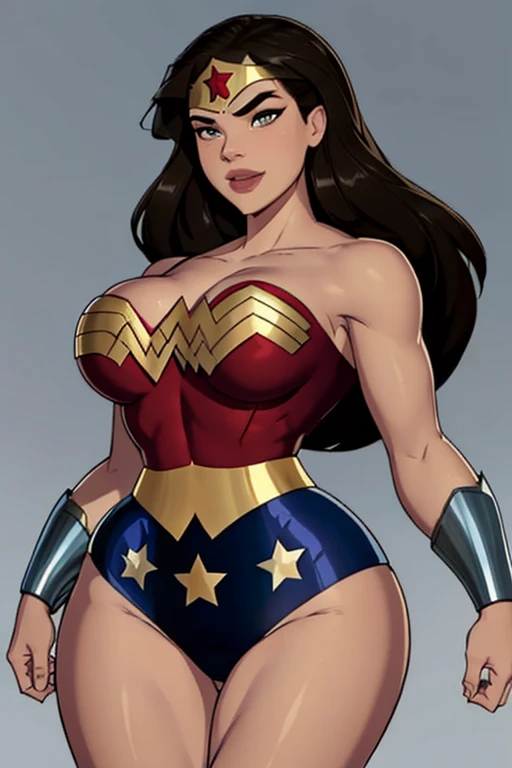 Natural Beauty, Masterpiece, Hailee Steinfeld, Perfectly Accurate Face Proportion, Thick Eyebrows, Wonder Woman, Wonder Woman Tiara, Big Breast, Curve Wide Hips, Toned Thighs, Toned Arms, Grin On Her Face, Action Ready with Emphasized Figure: In a slightly crouched position, the tight suit showcases Wonder Woman’s athletic build. The fabric stretches seamlessly over her muscular back and legs, highlighting the toned shape of her body. Her stance emphasizes the tight fit, drawing attention to the definition of her form.