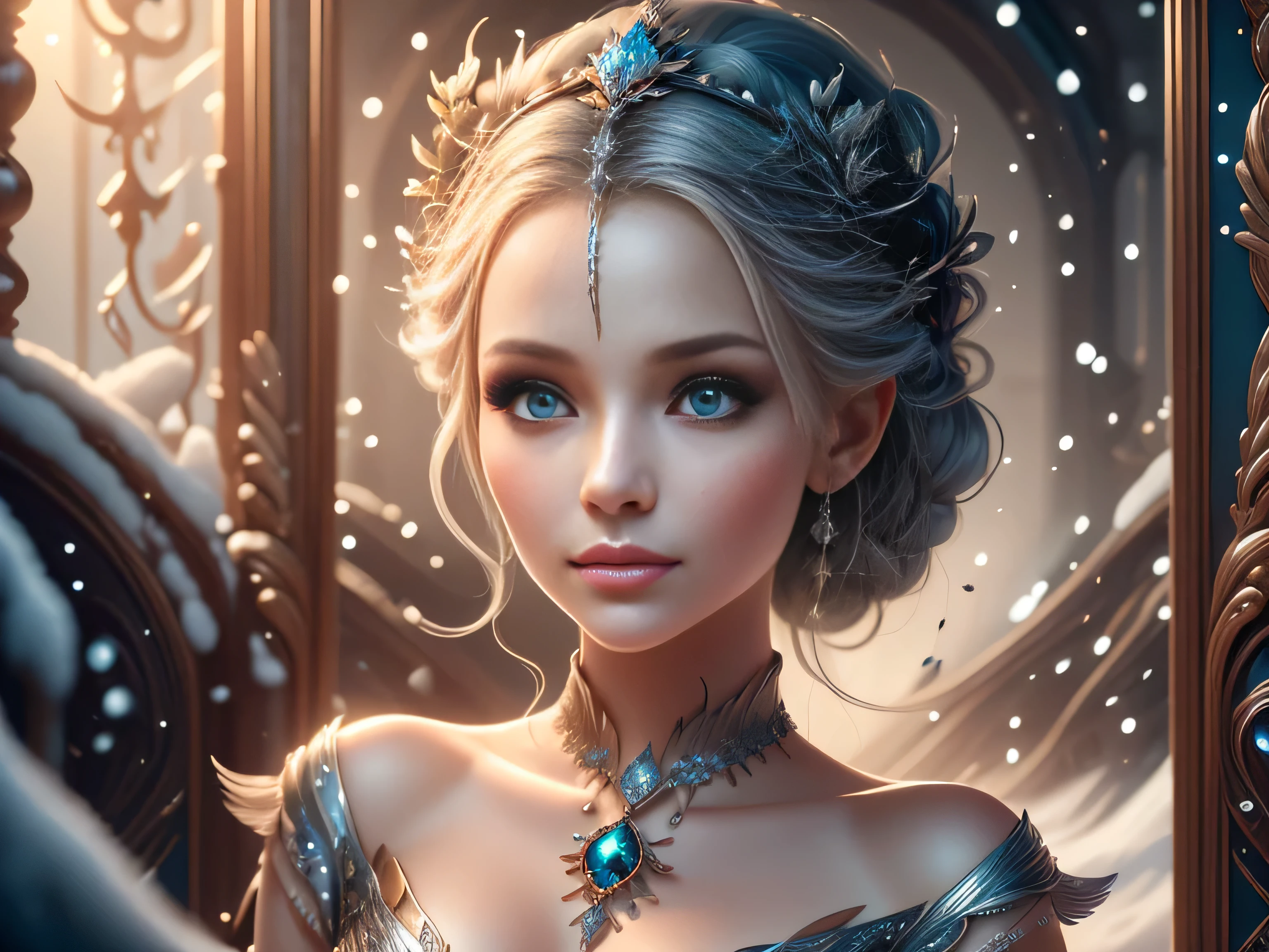 (Best Quality, Super Detail, Masterpiece, Representative Work, Official Art, Professional, Super Detail, 8k:1.3) (Photorealistic:1.2), Veru cute, incredibly cute snake queen made of pale white-gray-black shiny mica with round eyes, long eyelashes and a crown, on her head a crown of blue and white crystals, silver glitter, a snow garland of snowflakes, near a smart Christmas tree, winter, snow, snowflakes, smoky, airy, velvety pastel, highly detailed computer graphics, Tim Burton style. rhinestones, diamonds, rubies, sapphires, alexandrites, sparkling snow, snowfall, stars, frost, stardust, Natural Lighting, Soft Background, Photorealistic, Shining Eyes, Sharp Focus, Cute and Mischievous Look, Hint of Mischief, Dreamy Atmosphere, Delicate Details, Soft Volumetric Light, (Backlight:1.3), (Cinematic:1.2), Intricate Details, (ArtStation:1.3)