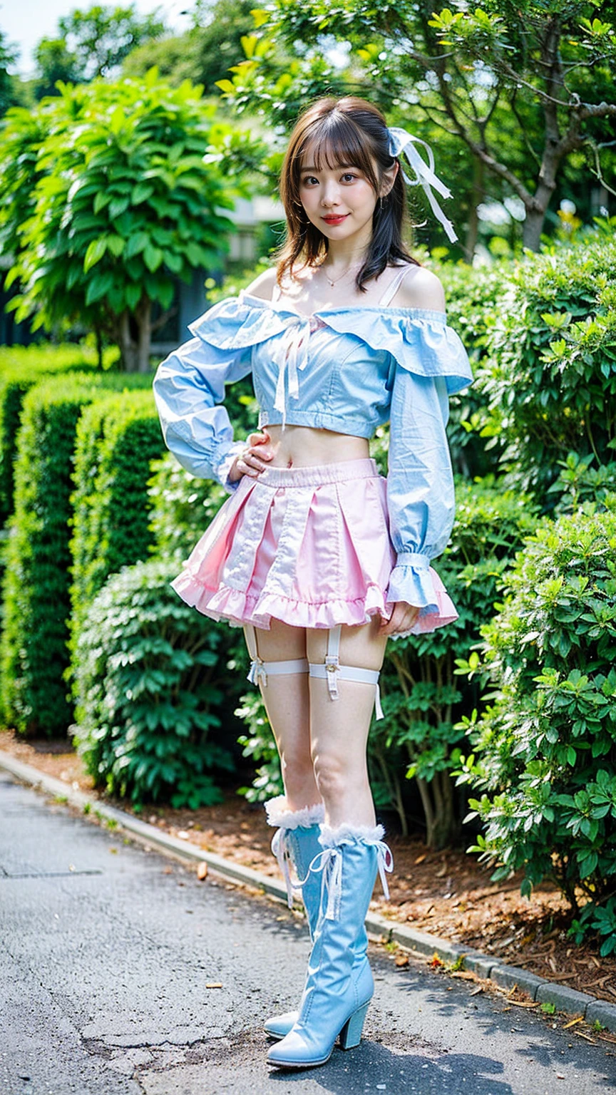 (8K、RAW Photos、Highest quality、masterpiece:1.2)、(Highest quality、Realistic)、1 Girl、((See-through、Belly button、Idol Costume、ribbon、mini skirt、tights、Medium Hair、smile、Pink and black、Thin legs、whole body、boots、garden、View from the front、Looking into the camera、Stand with hands on hips))、cute