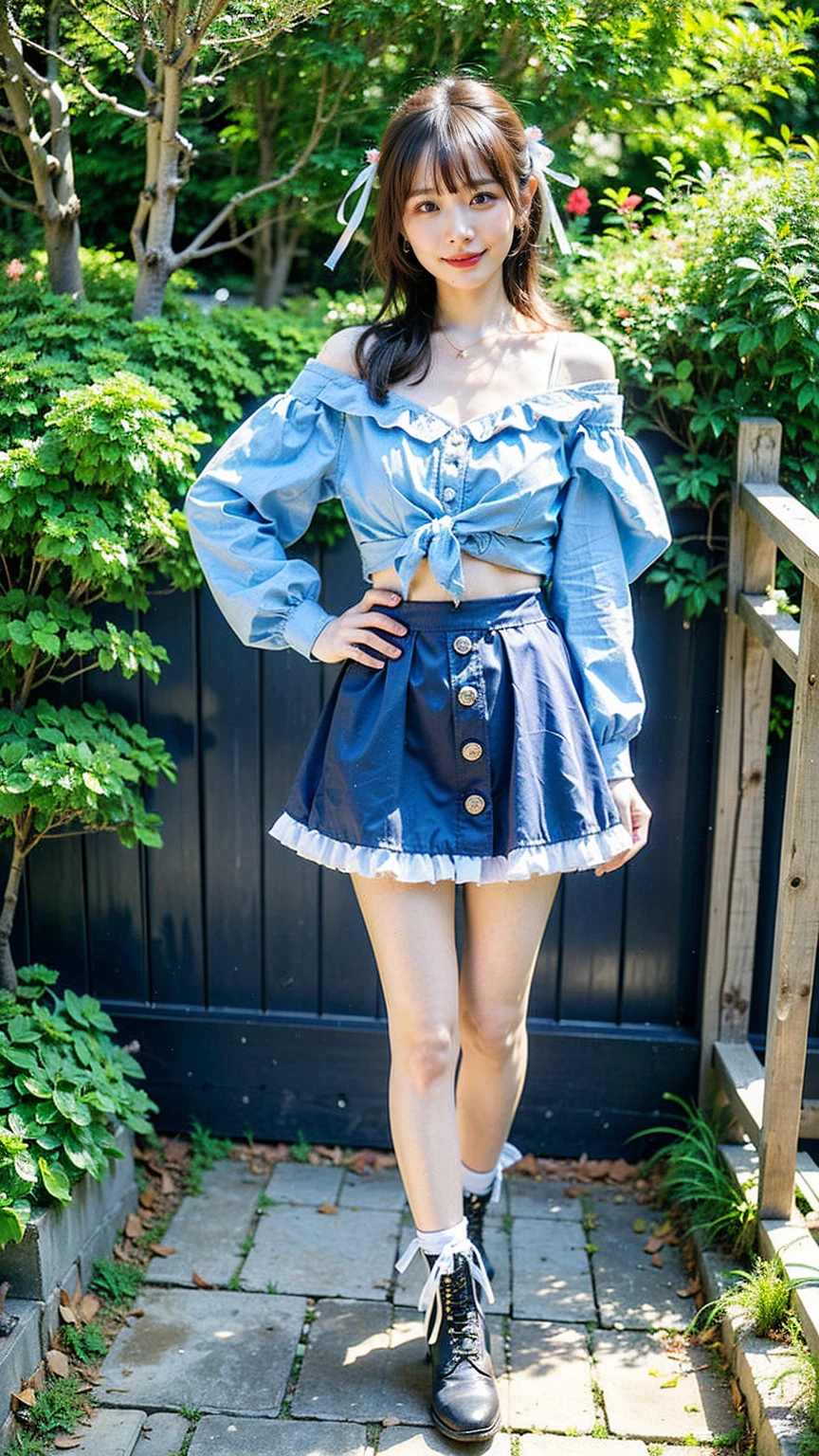 (8k、RAW Photos、Highest quality、masterpiece:1.2)、(Highest quality、Realistic)、1 Girl、((Frills、Lace Material、Twin tails、White and light blue、Anime Cosplay、Check mini skirt、Off the shoulder、Idol Costume、ribbon、See-through、Thin legs、whole body、boots、garden、View from the front、Looking into the camera、Stand with hands on hips))、cute
