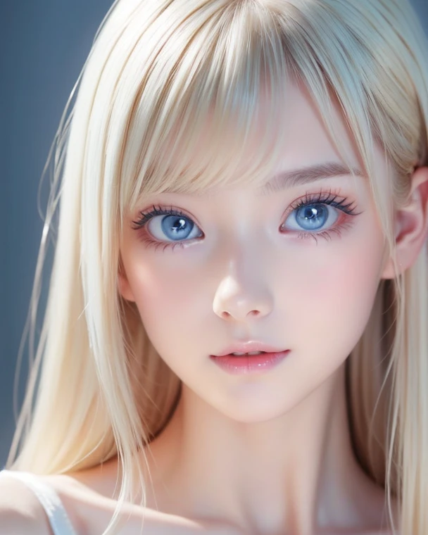 Beautiful white and shining skin、Blonde hair that changes color depending on the light、Long bangs between the eyes obstruct vision、Shiny highlights on the cheeks、Sexy and very beautiful nice cute gorgeous face、The most beautiful face in the world、Super long gorgeous spare blonde hair、Smooth straight hair、Large Breasts, Huge, bright, Light blue eyes、Beautiful Bangs、Beautiful cute girl.Small Face Beauty、Cheek gloss highlighter