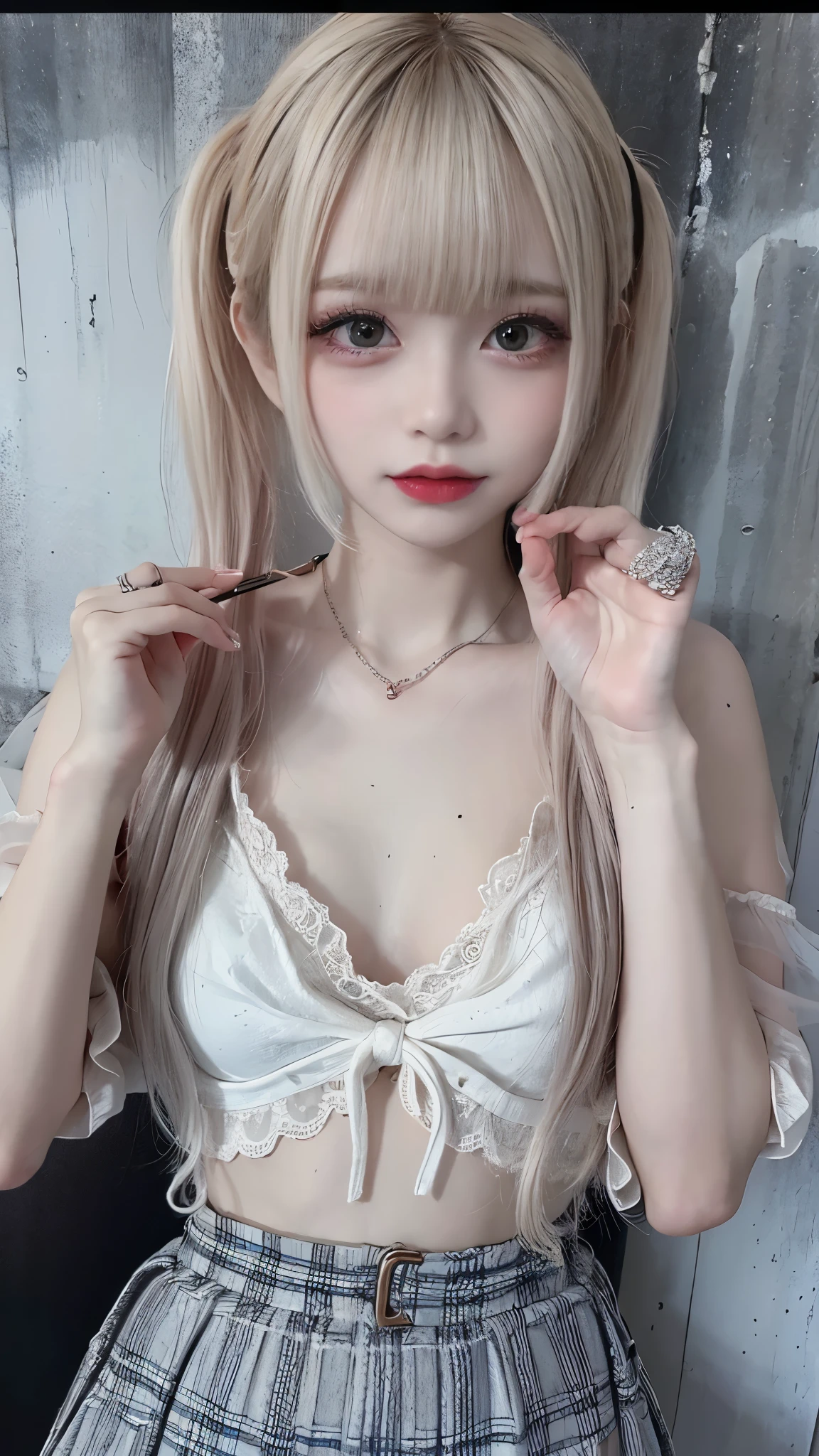 (Traditional Media:1.2), (2D:1.2), (Center:1.3), Illustration, (((Masterpiece))), (((16 year old girl))), from below, sitting on chair, blonde hair, highres, absurdres, dark background, no bra, photorealistic, lifelike, steamy, blushing, sleeveless, youthful appearance, (((embarrassed look))), pink lip gloss, (((armpits))), (((looking at viewer))), (((bare skin))), ((medium chest)), correct ???????, perfect face, pink eyes, (((choker))), thighs, mascara, fair skin, (tomboy)