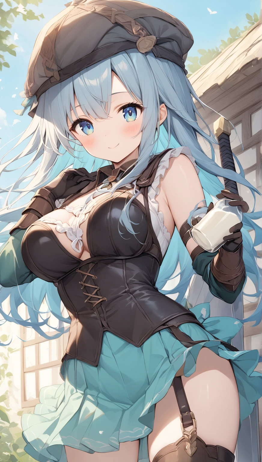 (MASTERPIECE), (Best Quality), (Ultra Detail), Official Art, One Girl, Lori with Pale Light Blue Hair, Petite Little Girl, Loli, Blue and Silver See-Through Dress, Sleeveless, Off Shoulder, Small, Small, Small, Underboob, Cleavage, Thigh Focus, Navel Out, Card Illustration, Sacred Fountain