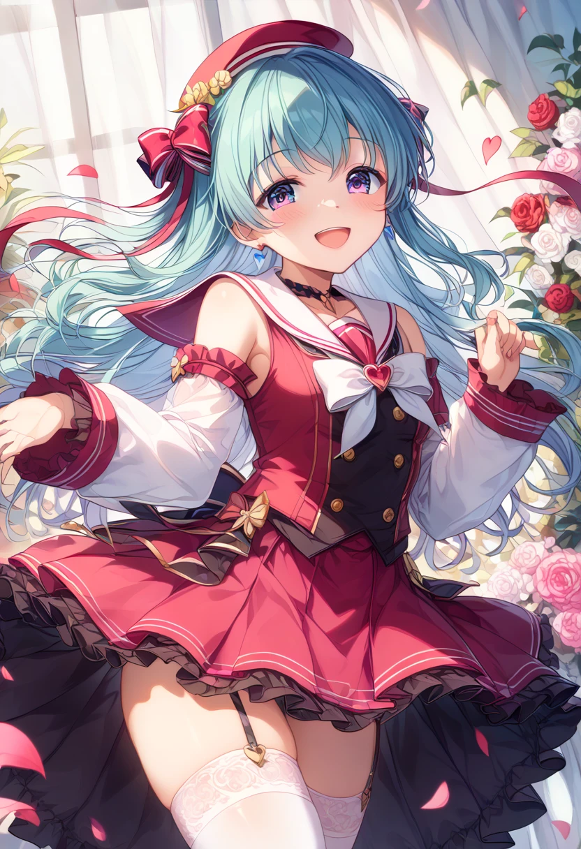1 girl, Bangs, blue hair, bow, Box, bracelet, Christmas, Christmas tree, Cowboy shooting, skirt, earrings, fishing net, flower, Gift, Gift Box, hair accessories, Hamel, jewelry, looking at the audience, colorful hair, necklace, pantyhose, open lips, purple eyes, red skirt, ribbon, Rose, short hair, Smile, alone, Raise your legs high