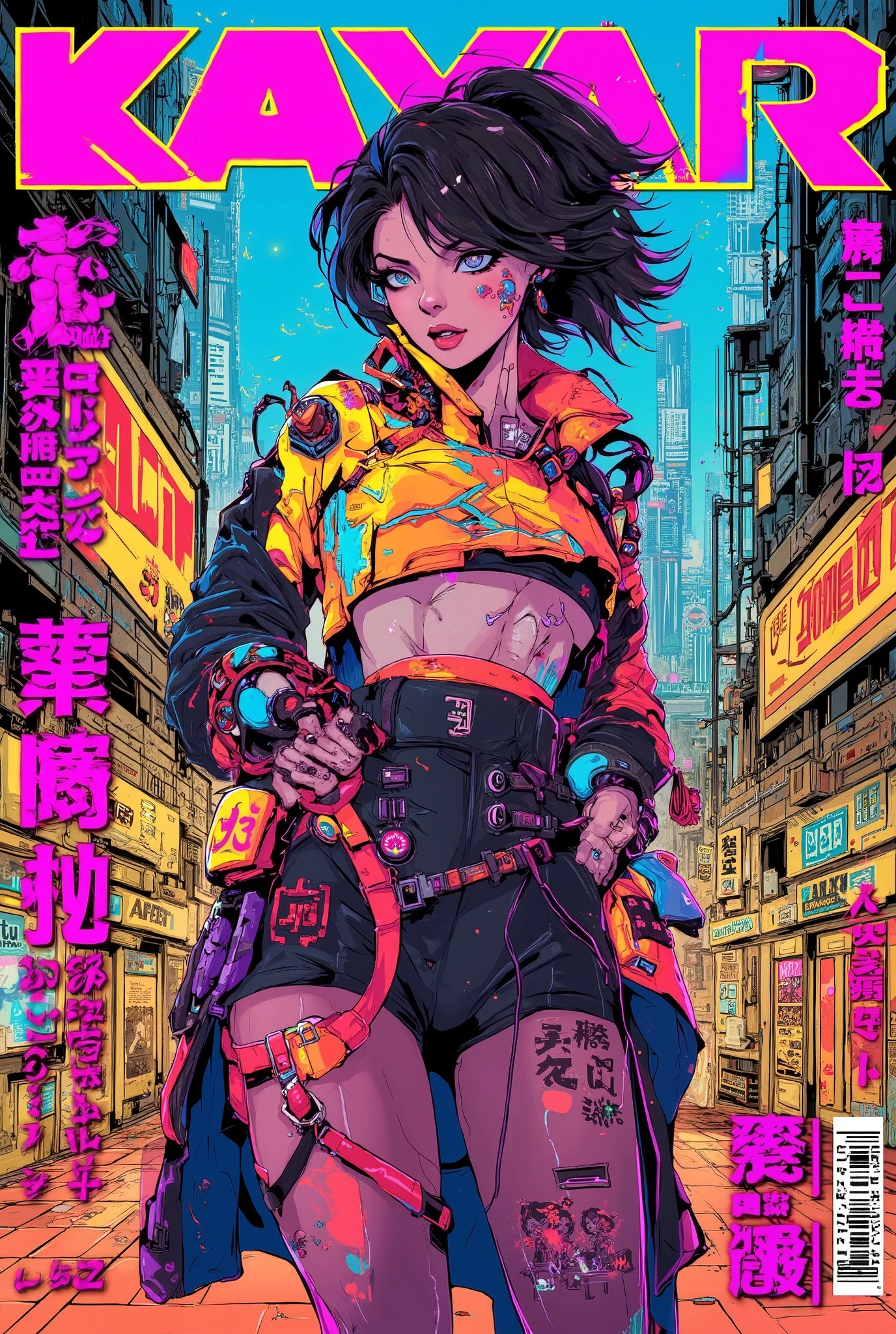 ((manga (((magazine cover))) illustration) of (cyberpunk girl wearing Harajuku clothing))), warm colours, ((Japanese text)).