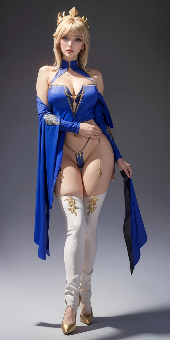 ((1girl, solo)), beautiful body, (perfect anatomy, perfect body, perfect hands, perfect legs), natural proportions, sexy body, (large breasts:1.3), cowboy shot, hands on hip BREAK
((extremely detailed face)), (beautiful detailed eyes:1.6), (realistic pupils, realistic iris:1), expressive eyes, looking at viewer, (clear eyes:1.3), (hyperrealistic:1.2), (detailed skin texture:1.2), smooth skin, (blue hair:1.5), short hair, (green eyes:1.5), (detailed lips:1.2), (attractive lips:1.1), (glossy lips:1.1), smile, parted lips, perfect face, perfect eyes BREAK
(revealing clothes:1.3), (breast curtains:1.3), breasts apart, (no bra:1.2), detached sleeves, gold trimmed, stomach, (no panties:1.2), (groin:1.5), (pelvic curtain:1.3), thighs, thighhighs, high heels, cape BREAK
(masterpiece:1.5), anime-style, top quality, best quality, (beautiful and aesthetic:1.2), (ultra detail:1.5), Ultra-detailed depiction, Ultra-precise depiction, extremely detailed 8k illustration, high resolution, (highly detailed shading:1.2), (realistic lighting:1.4), perfect lighting, vibrant colors, dynamic tones, striking hues, 8k, absurd resolution, perfect shadows, hdr, UHD, ambient lighting, realistic, ultra-realistic, photo realistic, highly detailed, rich detail, luminous colors, fine texture, intricate design, professional illustration, (soft light:1.2), (illustration:0.7)