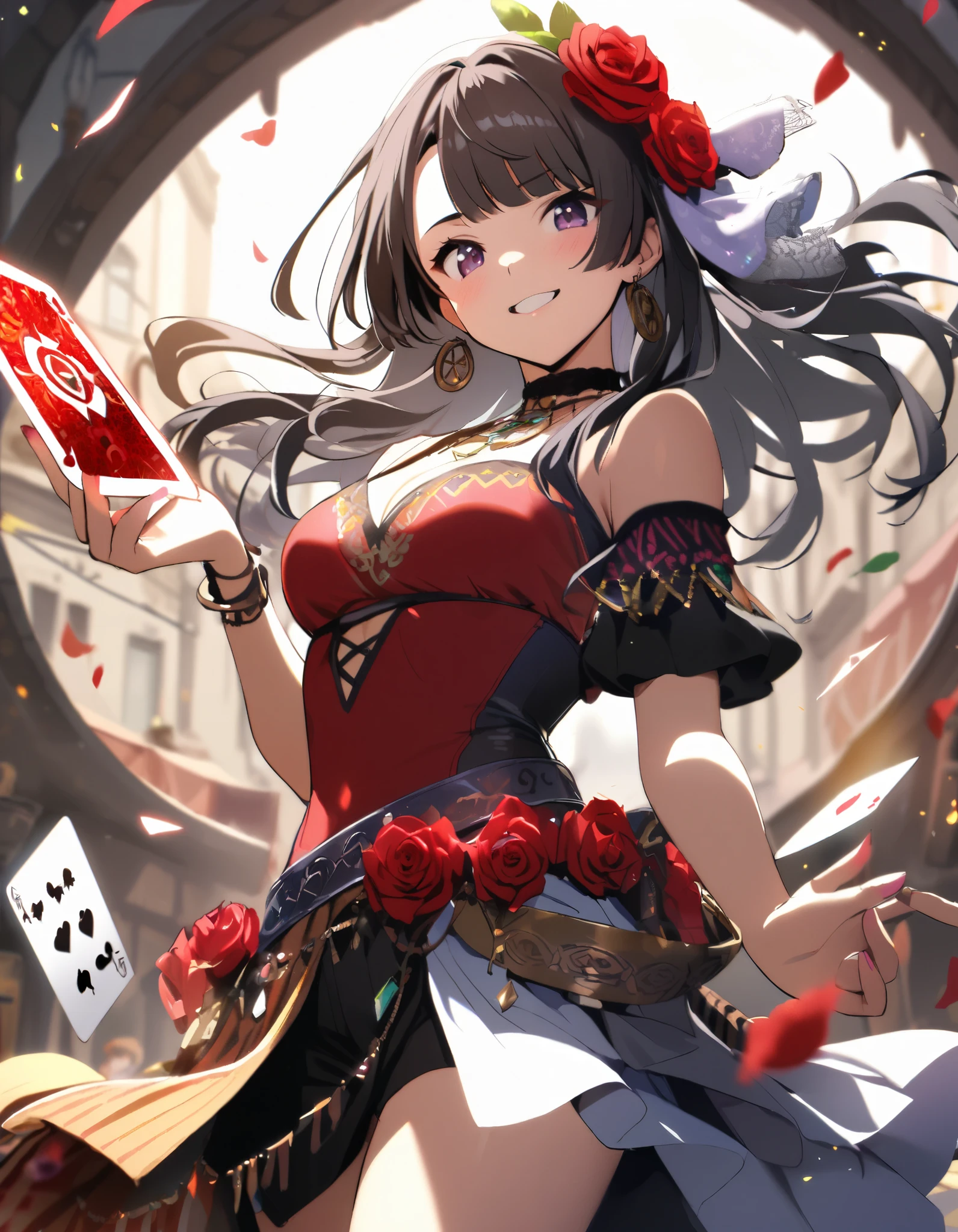 detailed textures, high quality, high resolution, high accuracy, realism, color correction, correct lighting settings, harmonious composition. A costume design drawing of an elaborate flamenco dancer, with ornate patterns and ruffles in shades of burgundy reds and whites. The background is a white canvas, and the illustration includes elements such as cards, playing pieces, and dice. in the style of elegant --ar 3:4 --niji 6
