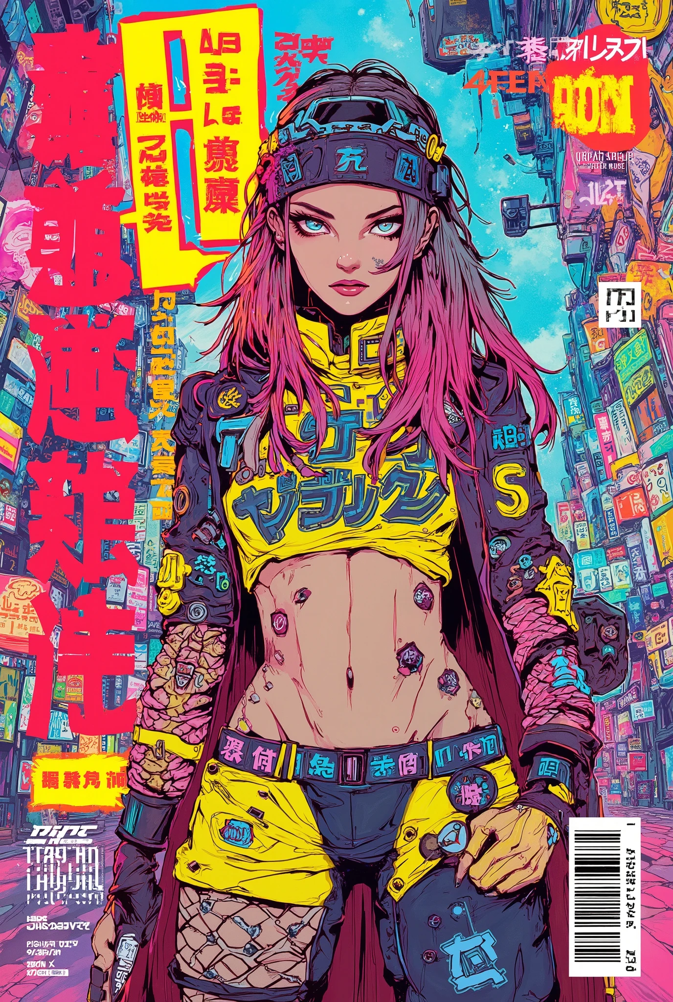 ((manga (((magazine cover))) illustration) of (cyberpunk girl wearing Harajuku clothing))), (very detailed linework), warm colours, ((Japanese text)), barcode.
