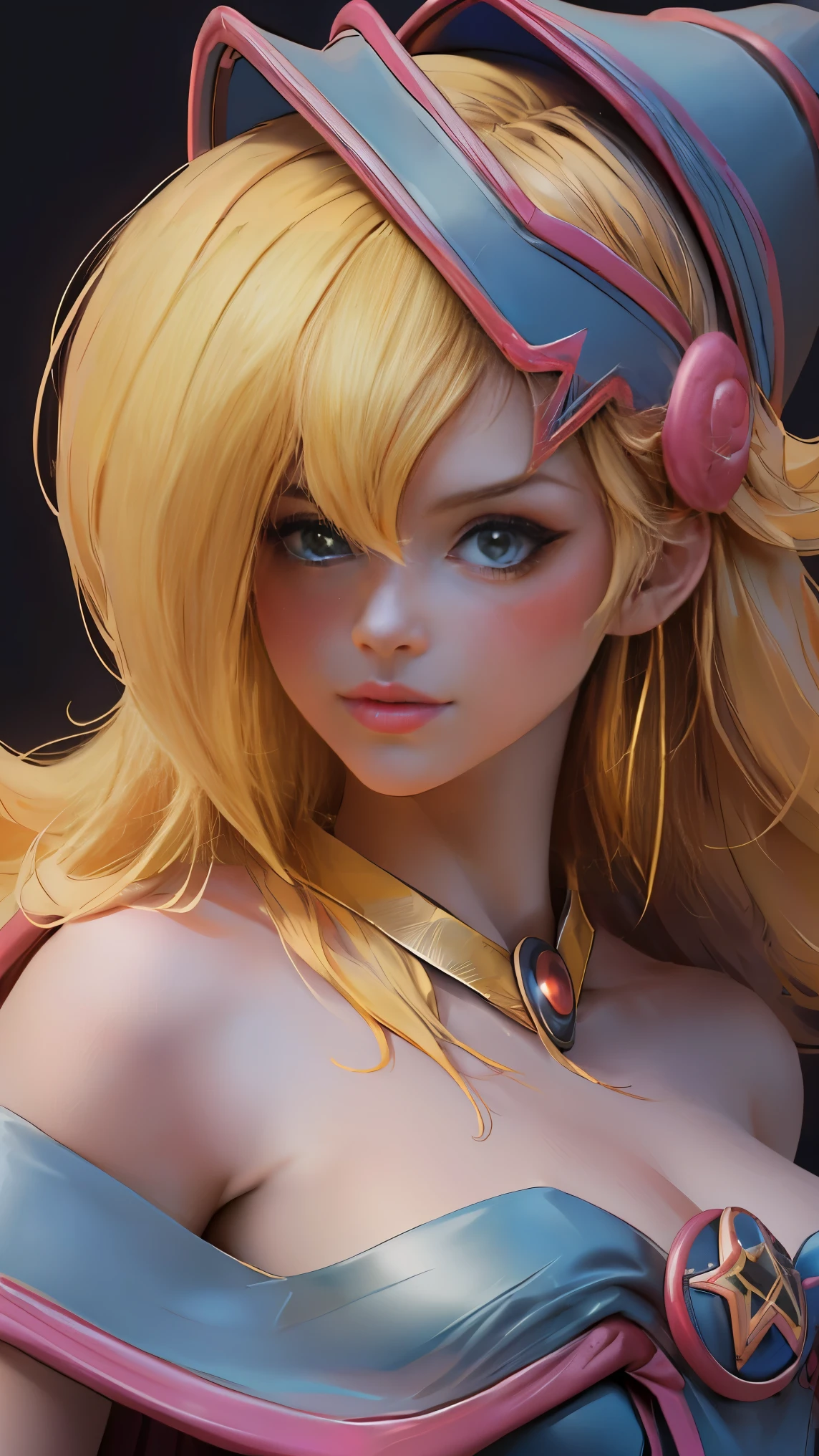 half body shot. beautiful face dark Magician girls，blond hair. blue eyes.  pink lips. Thick and long eyelashes. Highlight beautiful nails. big breasts. 
