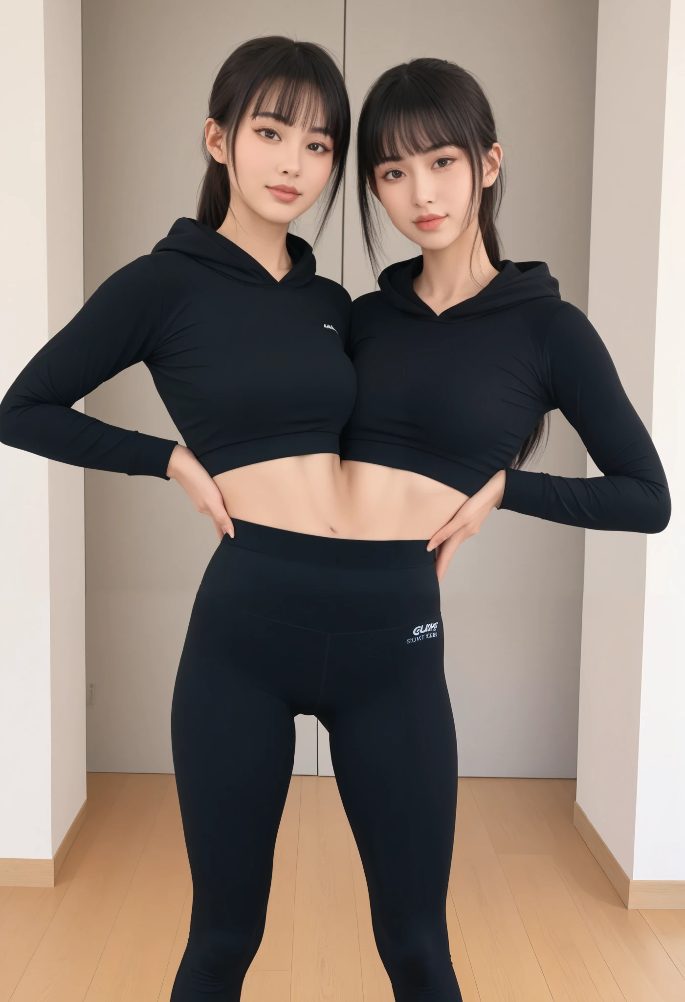 best resolution, 2 heads, woman with two heads, conjoined,tall, black hair curtain bangs with doulder length hair, mm, flirty expression, sports wear, wearing a crop hoodie and yoga pants, wearing makeup, round faces, long sleeves, midriff, crop top, midriff, indoors,