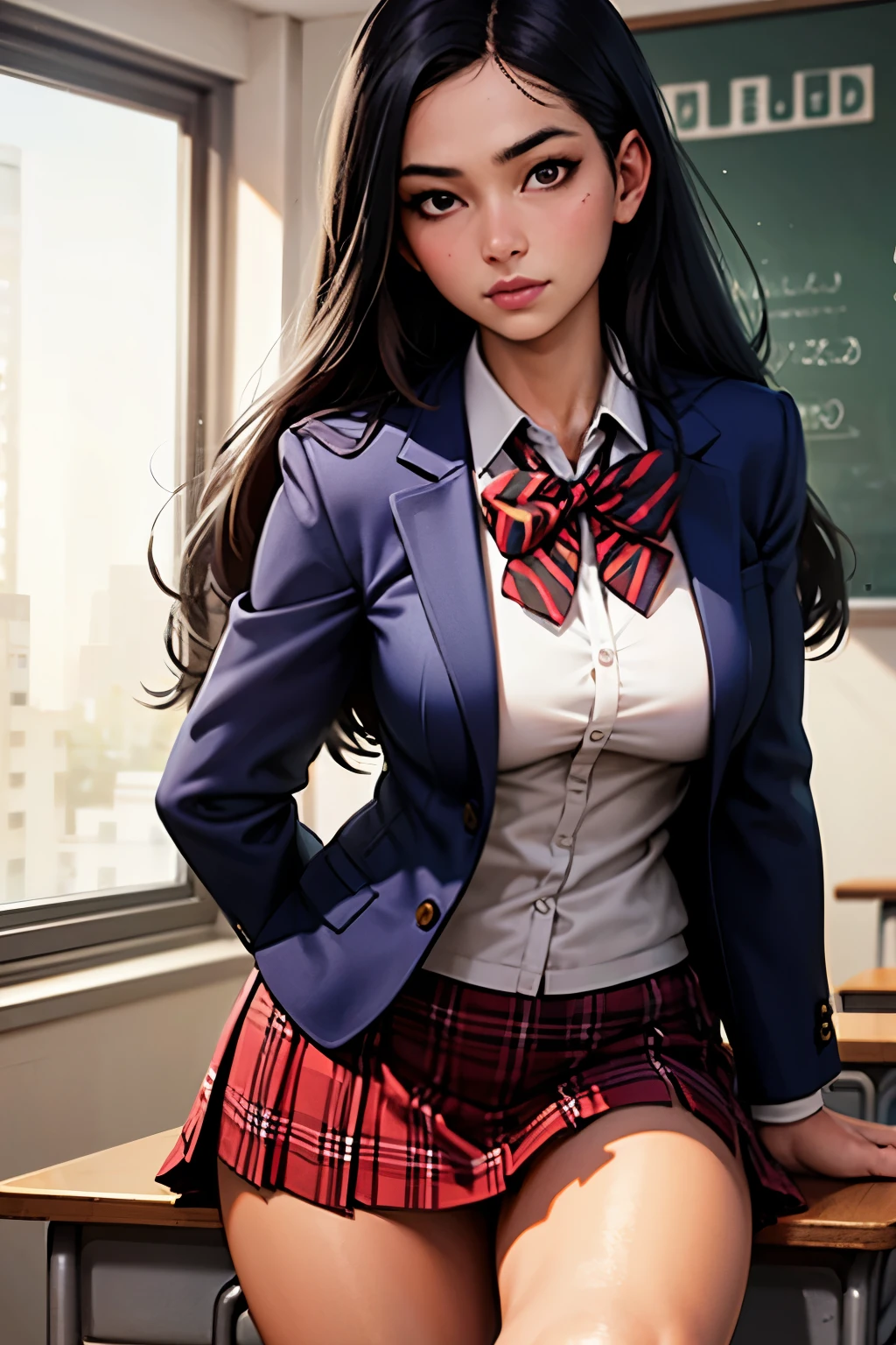  high resolution,  1 girl, solo, Full view from head to toe, front, upright, student,  long hair,  black hair,  realistic skin and texture , Blue blazer, red plaid skirt,School classroom,   realism , 