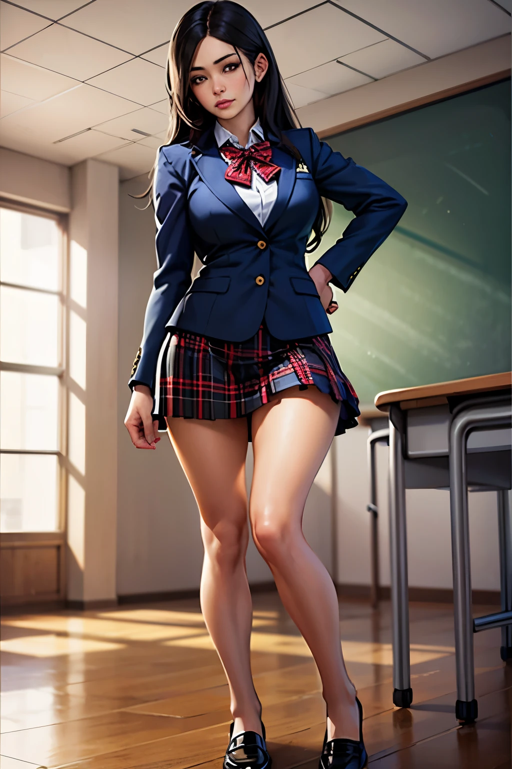 Pretty Caucasian (female), Sarah Shahi, a slim but muscular body, huge breasts, dark brown messy hair, blue eyes, Women, ((Masterpiece, Best Quality)), full body view, bursting huge breasts, detailed skin, in the classroom, high heels, socks, elegant teacher suit, short skirt, Very detailed, cinematic lighting, ultra realistic, blush, looking at the viewer, exposed thighs,