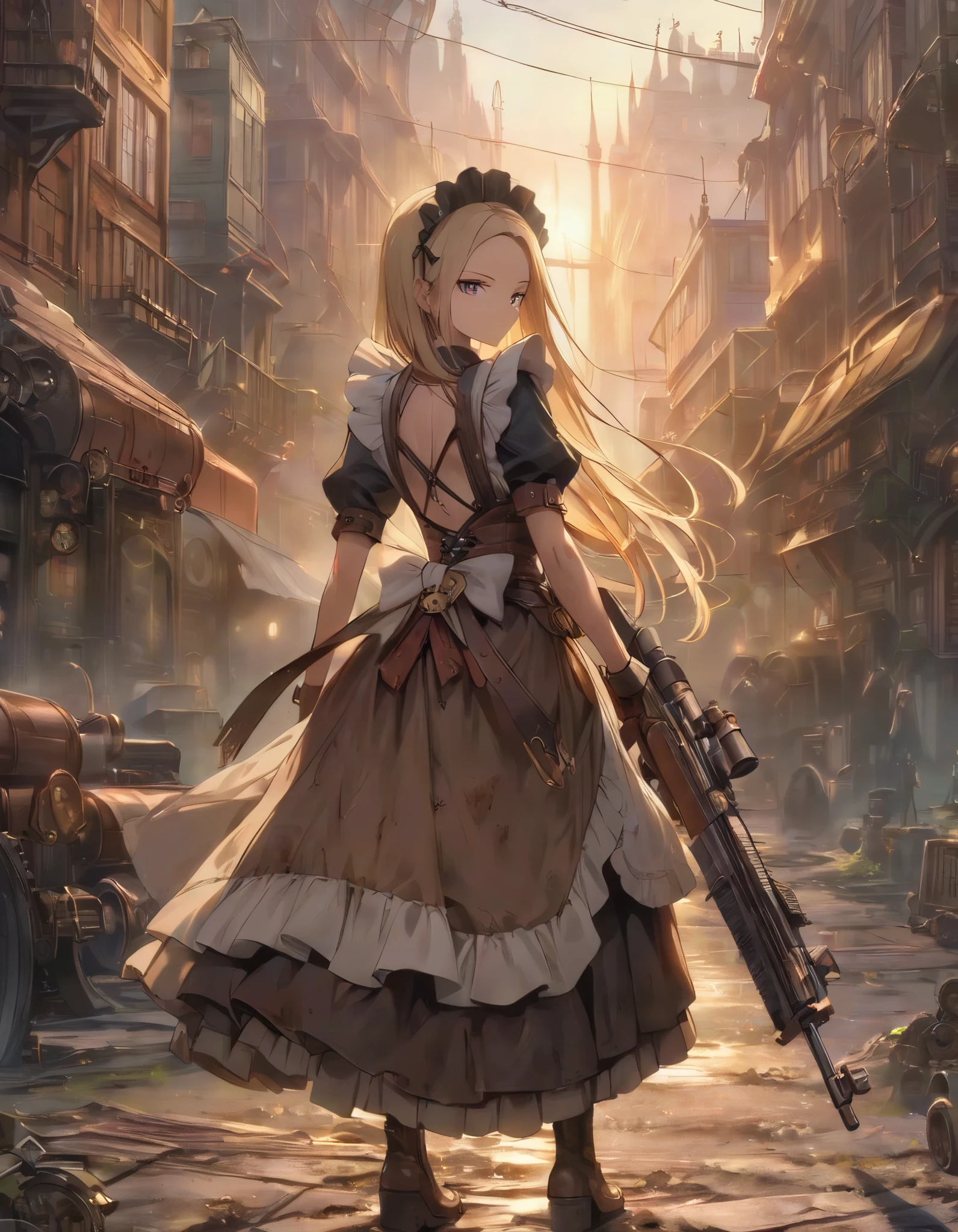 ((masterpiece, best quality, extremely detailed, absurdres)),(steampunk),city backstreet,sunrise,dirty road,backlit,1girl,solo,standing,from back,looking at viewer,(maid),blonde hair,straight long hair,forehead,expressionless face,(back cutout maid cloth),holding an assault rifle,