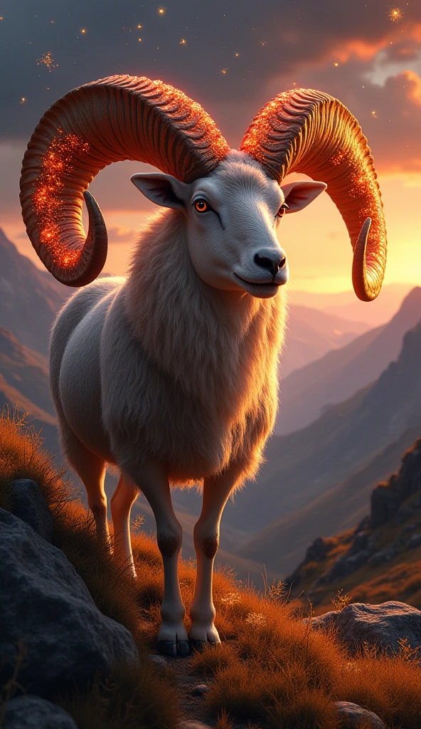 

" A detailed image depicting the sign of Aries ,  with a majestic sheep highlighted ,  its imposing curved horns adorned with luminous details in red and gold.  The setting is a mountainous field at dusk ,  with fiery tones in the sky , evoking energy and passion. Astrological elements,  as constellations shining in the sky and the symbol of Aries , are present. The scene conveys courage , Determination and a touch of mystery,  with a realistic and dynamic artistic style ."



