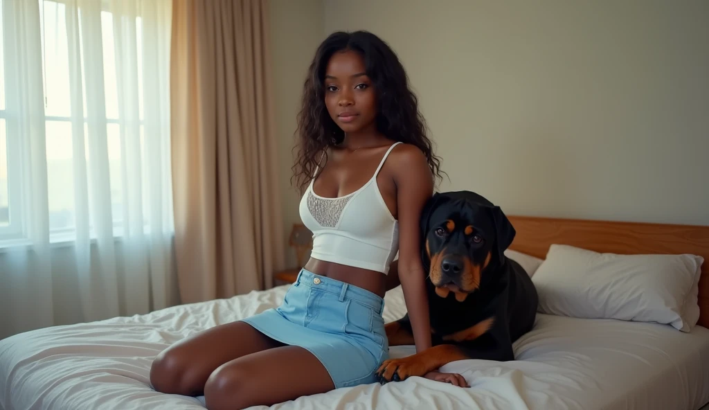 A beautiful black woman naked with large breasts with dog collar around neck and cornrows, white background