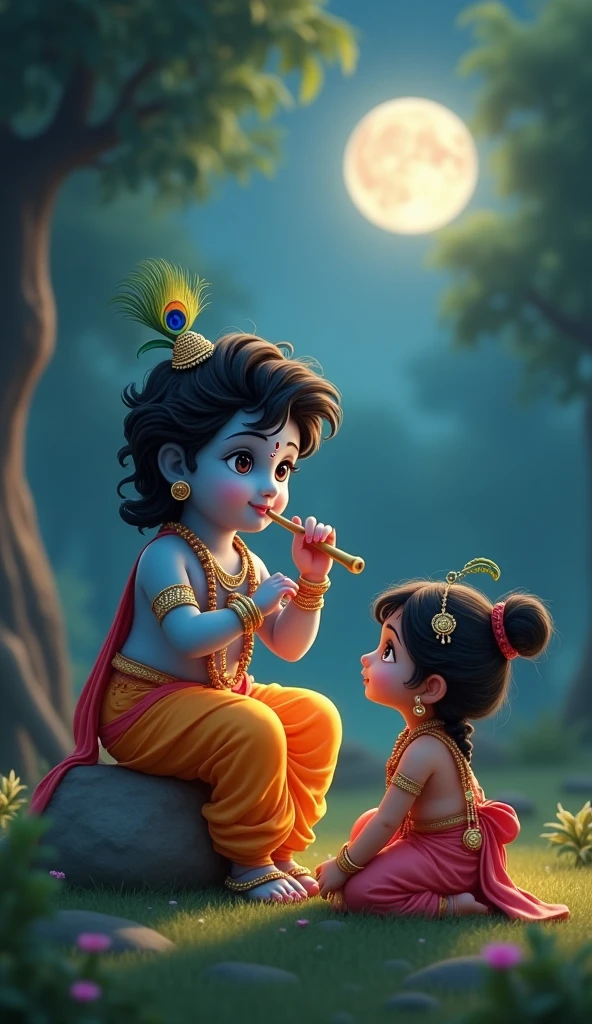 A Real 1 Indian boy sitting next to Krishna ji and Krishna ji is playing flute, they both are on swing and swing is nicely decorated and sitting together, boy is wearing black color T-shirt with name “VIRAT” written on it, heaven like beautiful scene background, peacock dance, realistic image and boy is bare feet.