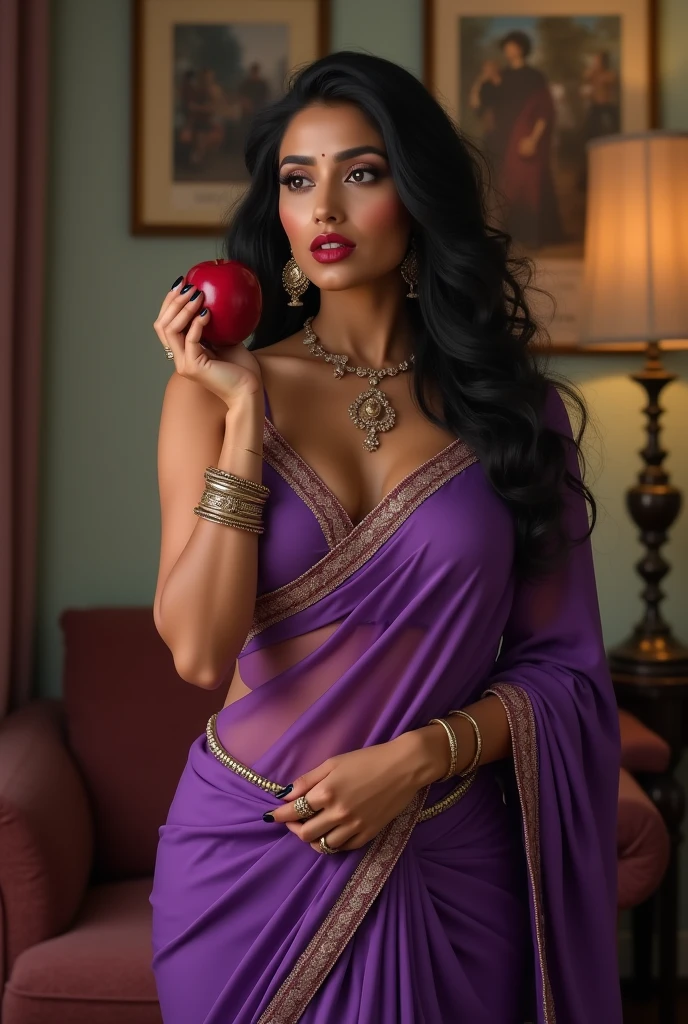 Indian woman((30year old)), eyeing eyes, brown eyes, (((wearing purple saree, seductive saree))), (((wearing necklace, bangles, thin waist chain))), (((showing midriff, cleavage ))), (((rearing's))), looking at viewer, biting lips, standing in the room, in the house, beautiful sexy body, curvy, red lips, eyeshadow, gold ornament, alluring body, ((good proportion)), seducing, realistic background, pose, black wavy hair, front focus, (((biting apple seductively )))