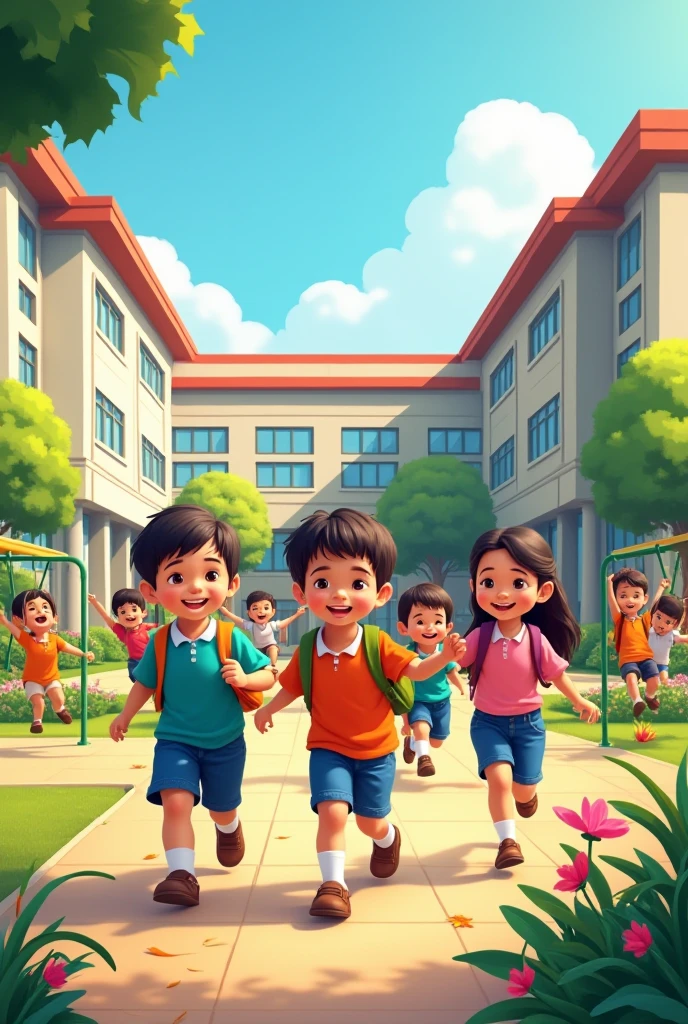 School with happy schoolchildren