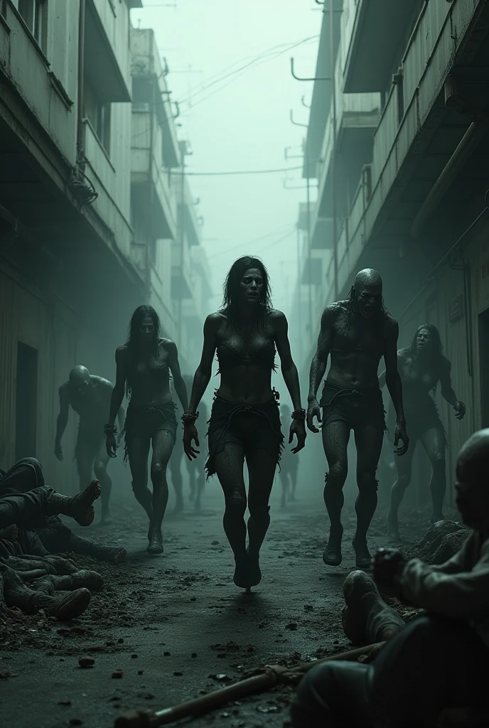 Horror-themed cinematic film with a horror theme yet different views of slave girls from beyond infinity, intricate bodysuit!! senior artist concept art, artstation trends, high budget full body character design, bokeh, cinemascope, moody, epic, beautiful, film grain, grainy. Sinister, disturbing, dark, scary, suspenseful, gloomy, highly detailed
