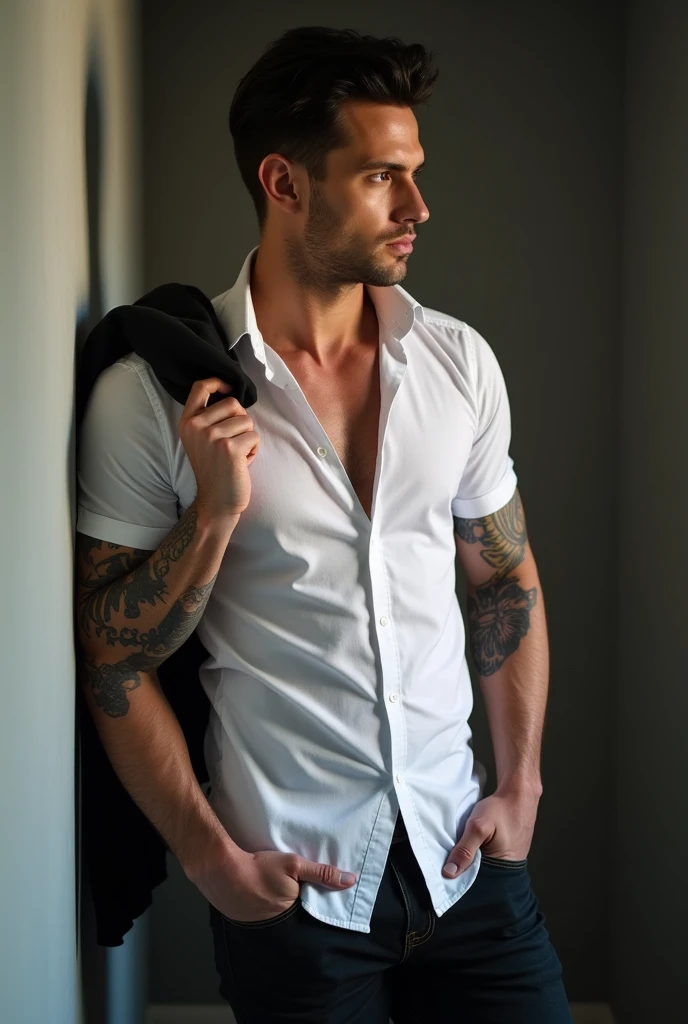 A model of a sexy naked man only wearing an unbuttoned shirt, handsome face,black hair,abbs, ?????, ?????????, homoerotic, nsfw