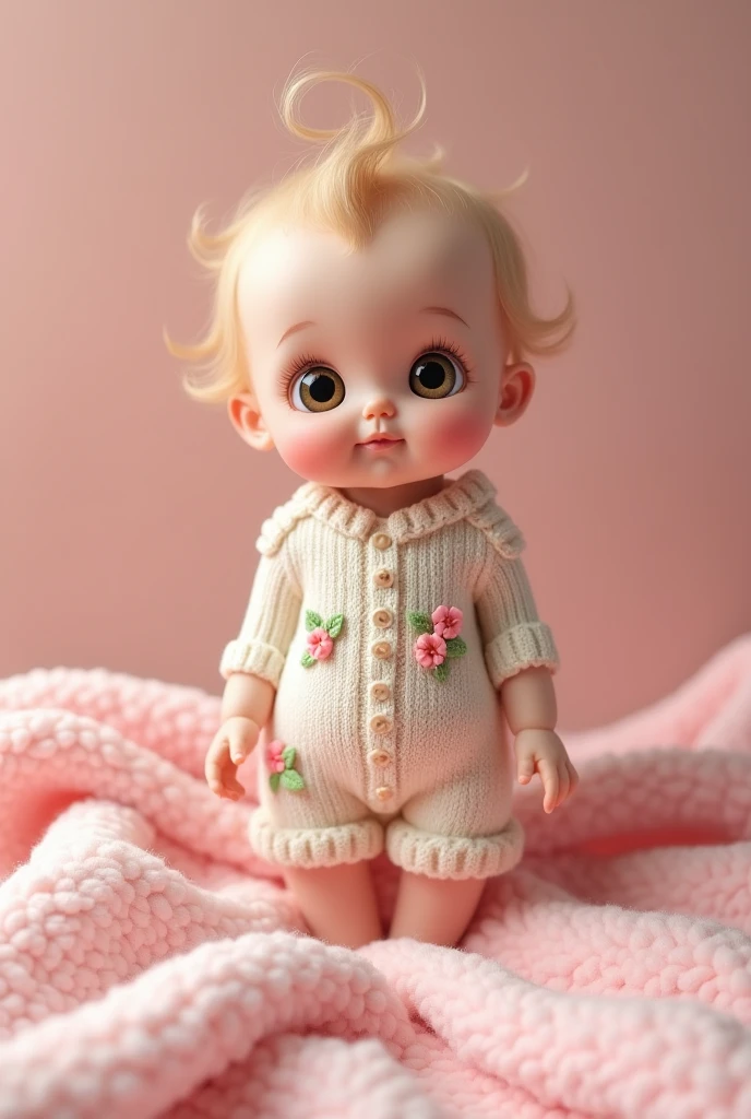 doll shaped baby 5 months,Caucasian skin,eyes browns, straight blonde hair, ugly blue jumpsuit, stuffed rabbit in hand 
