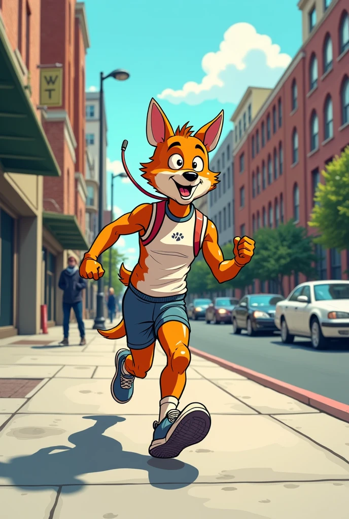 In an animated scene, 32-year-old Nick Wilde from Zootopia walks through a park in sporty attire, carrying a water bottle, showcasing his concern for hydration during physical activity. His casual sportswear includes a snug, vibrant T-shirt, comfortable shorts, and lightweight sneakers for freedom of movement. With brown, slightly tousled hair, his blue eyes express determination and physical effort as he navigates the park's winding paths. The background features a bustling cityscape with skyscrapers and moving cars, capturing the urban vibe. Despite the signs of physical exertion on his face, Nick's expression radiates concentration, determination, and confidence, revealing his enjoyment of outdoor activity amid the urban landscape.