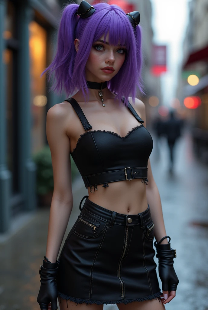 (raw photo, Best Quality), (realist, Photo realist: 1:3, Best Quality, Very detailed, masterpiece, Hyperdetail, illustration, 1 girl, caucasian,dynamic angle, World masterpiece, disordered_long_hair, Best Quality, CG Unity 8k wallpaper, caucasian perfect body, full shot photography, Woman 25 years old, walking after the rain, by central park, White skin, Pale skin, little freckled, smooth skin, (perfect), ojos Very detaileds, big and bright eyes, violet eyes, (build), cara perfect, innocent face, beautiful, perfect body, hourglass body, sensual body, medium tits, natural, perfects, big and shapely hips, thick and firm thighs, mesomorphic body, some tattoos, short, side-swept turquoise hair, wears showy earrings, handcuffs, (to build), Wears a white ripped low waist denim mini shorts, She is wearing a black Bustier Corset Top and a leather bolero, She wears shoes, (high heel sandals), Red color, It is a full shot capture, ((full shot photo))