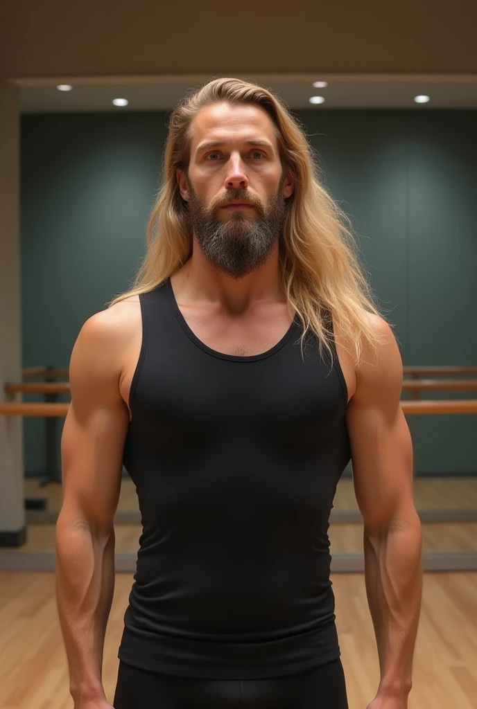 German bodybuilder in lederhose with blonde beard and long hair