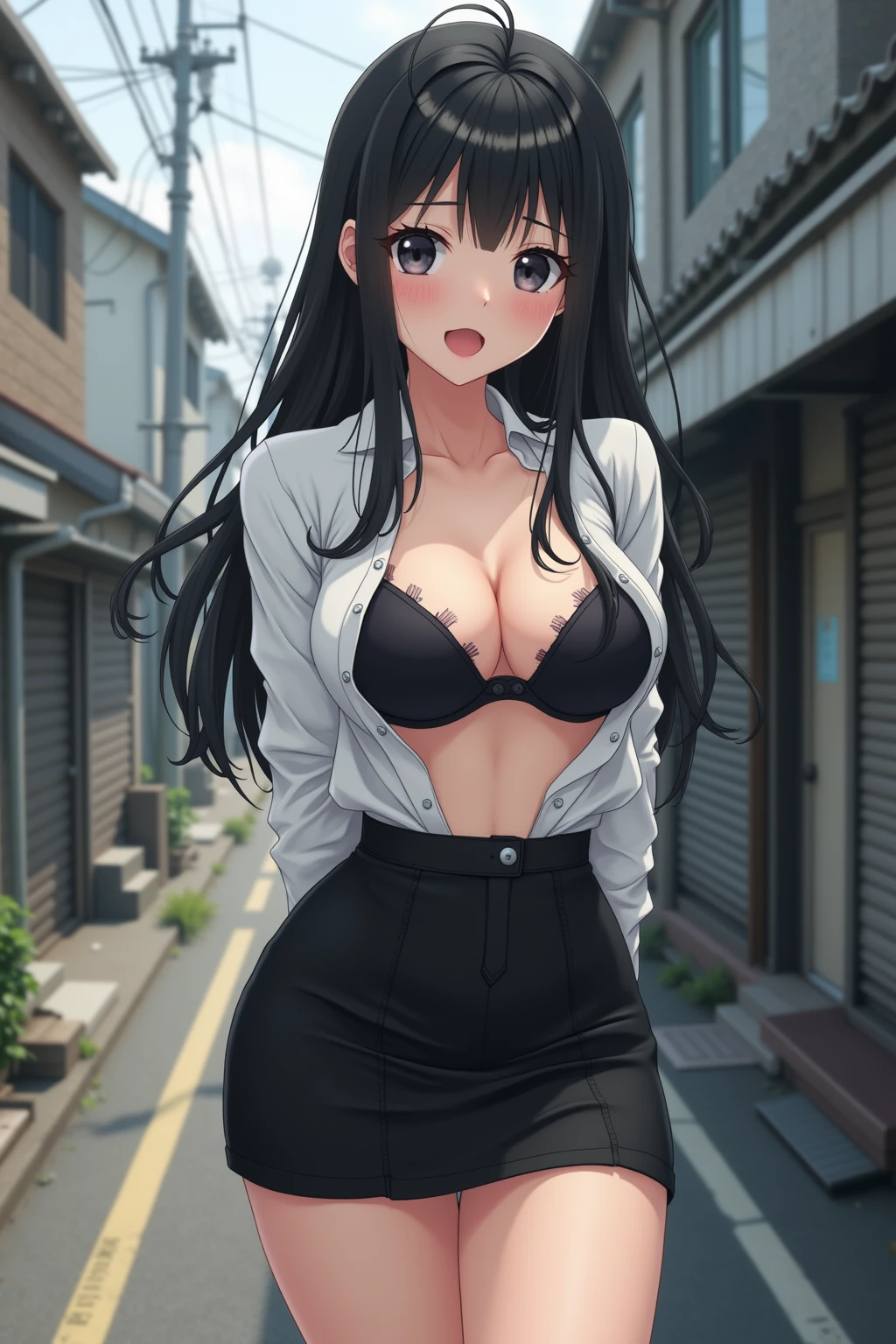 a woman, (realistic), (hyperrealism), (photorealistic), depth of field, eye makeup:0.5, (upper body:1.2), (narrow waist:0.7), looking at the viewer, casual outfit, at the city streets, topless